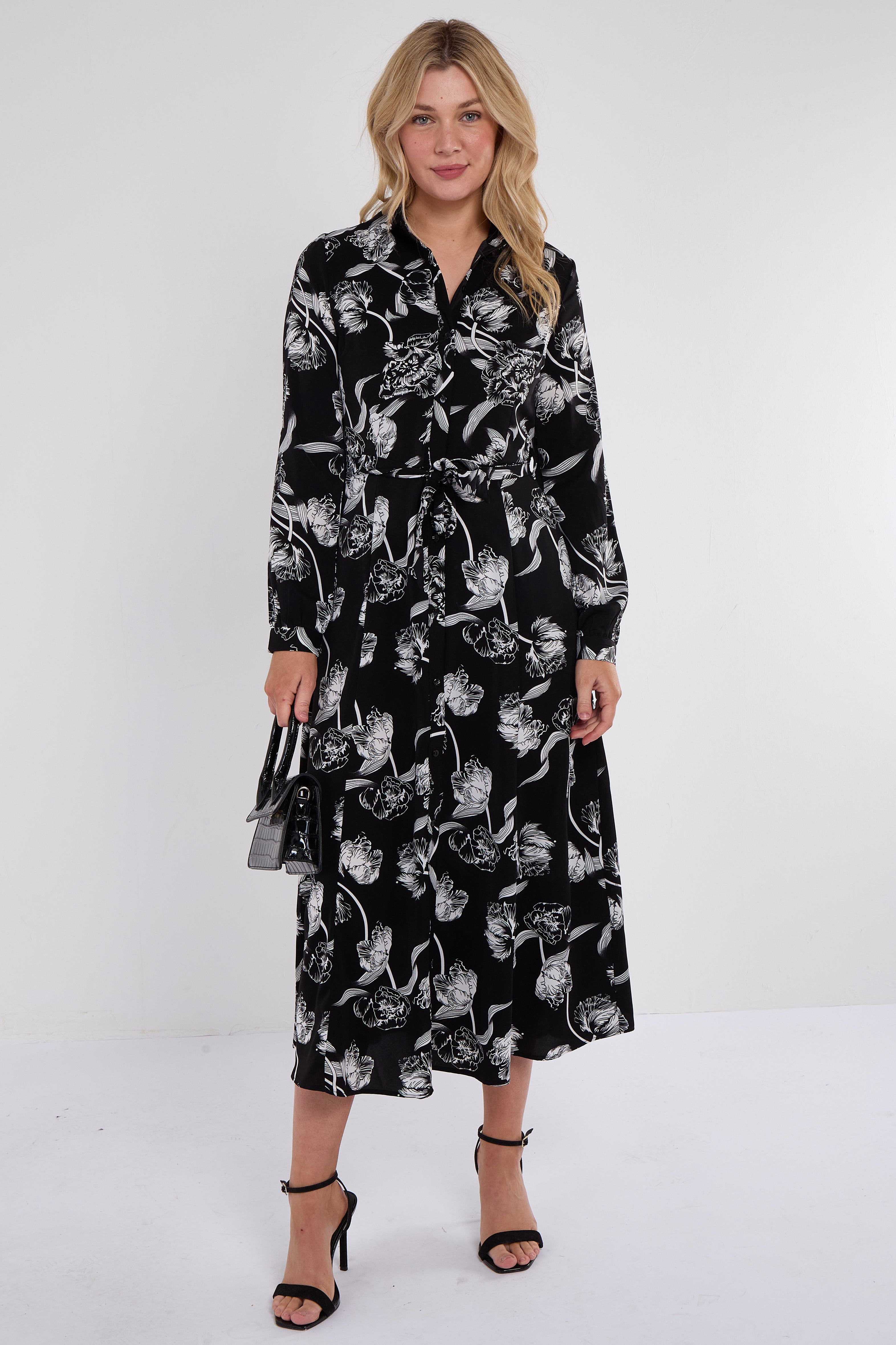 Black Floral Print Maxi Shirt Dres