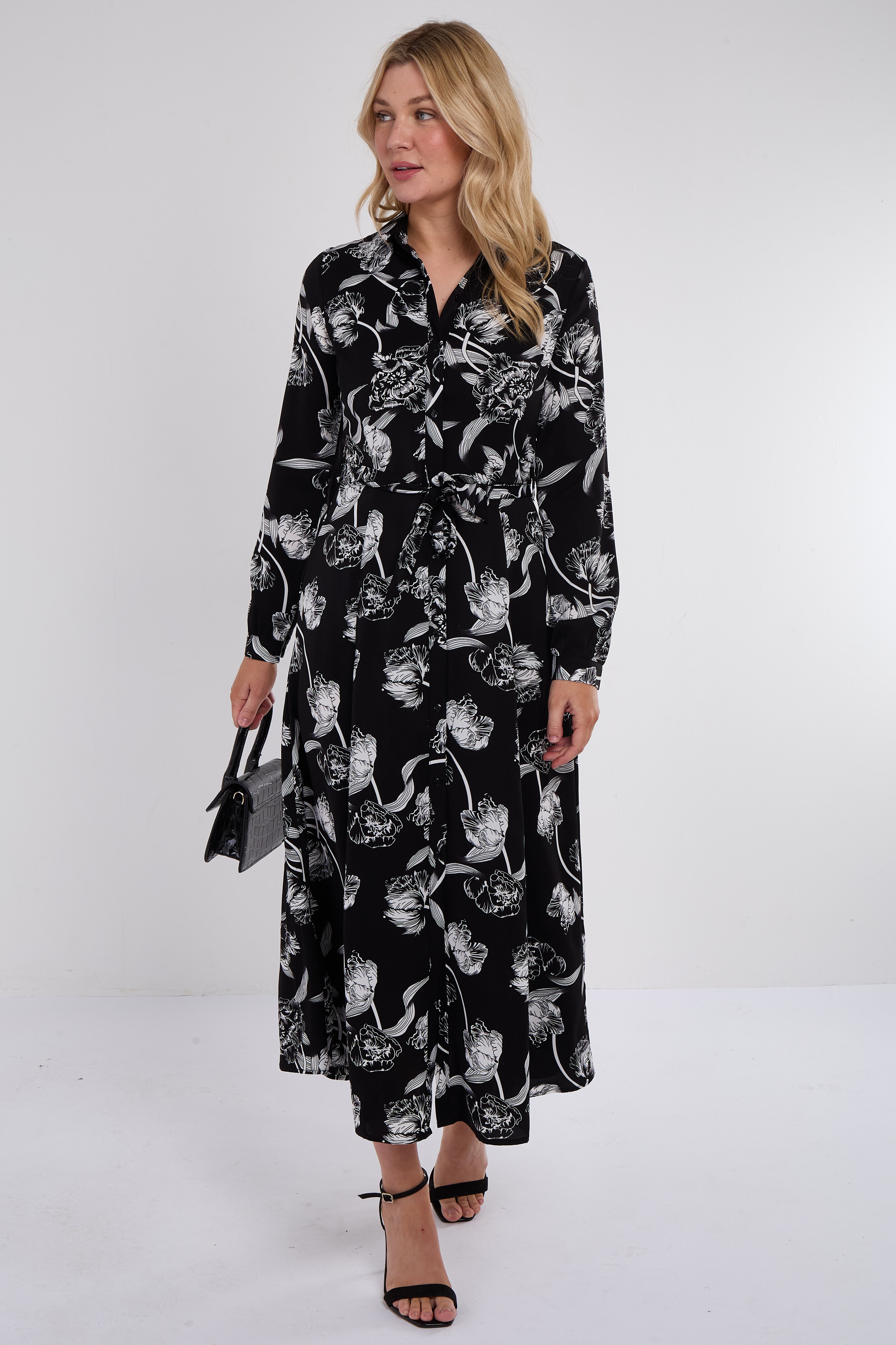 Black Floral Print Maxi Shirt Dres