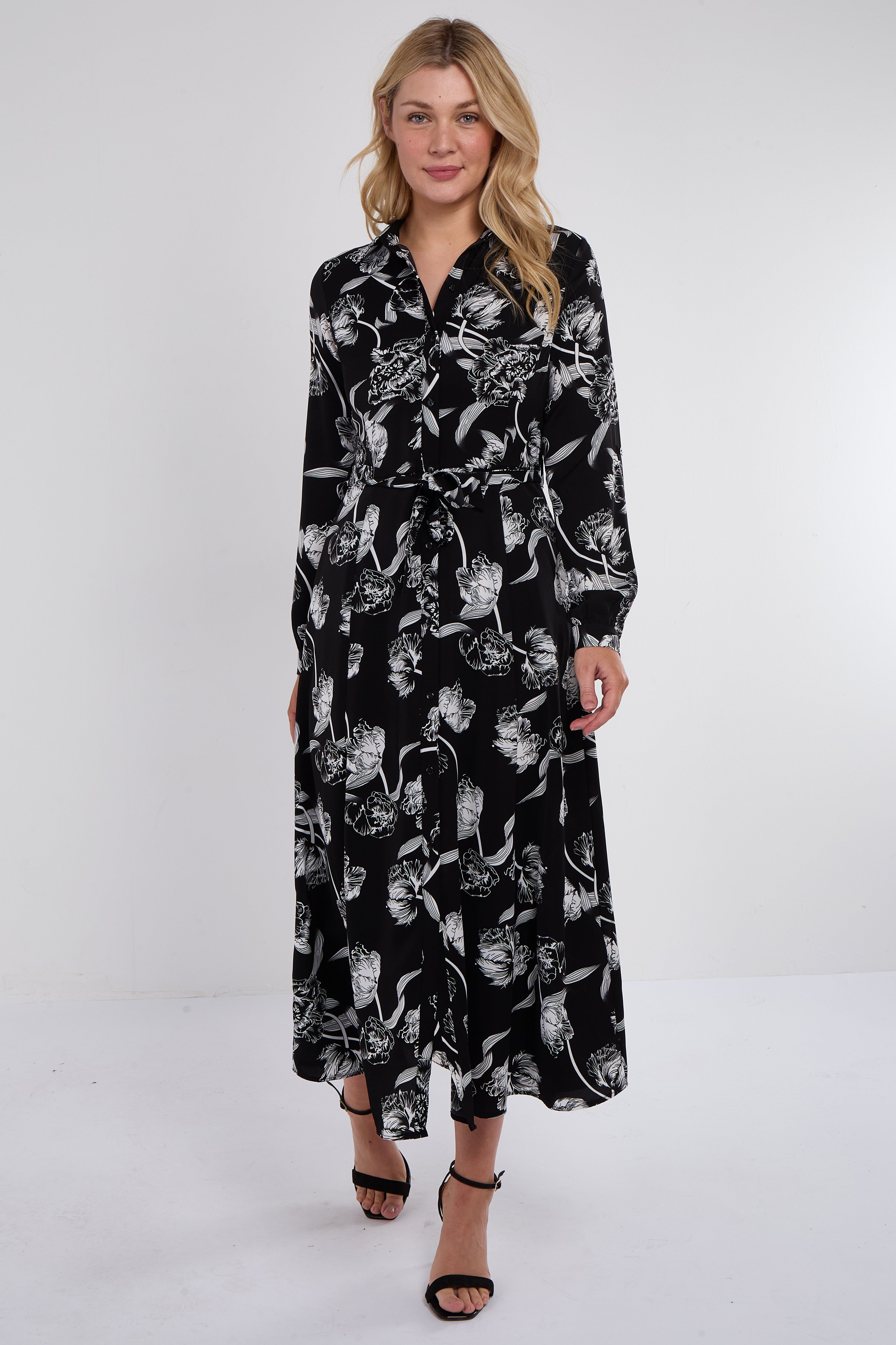 Black Floral Print Maxi Shirt Dres