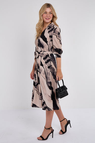 Beige Abstract Print Half Sleeve Black Midi Shirt Dress
