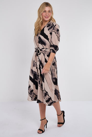 Beige Abstract Print Half Sleeve Black Midi Shirt Dress
