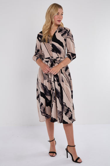 Beige Abstract Print Half Sleeve Black Midi Shirt Dress