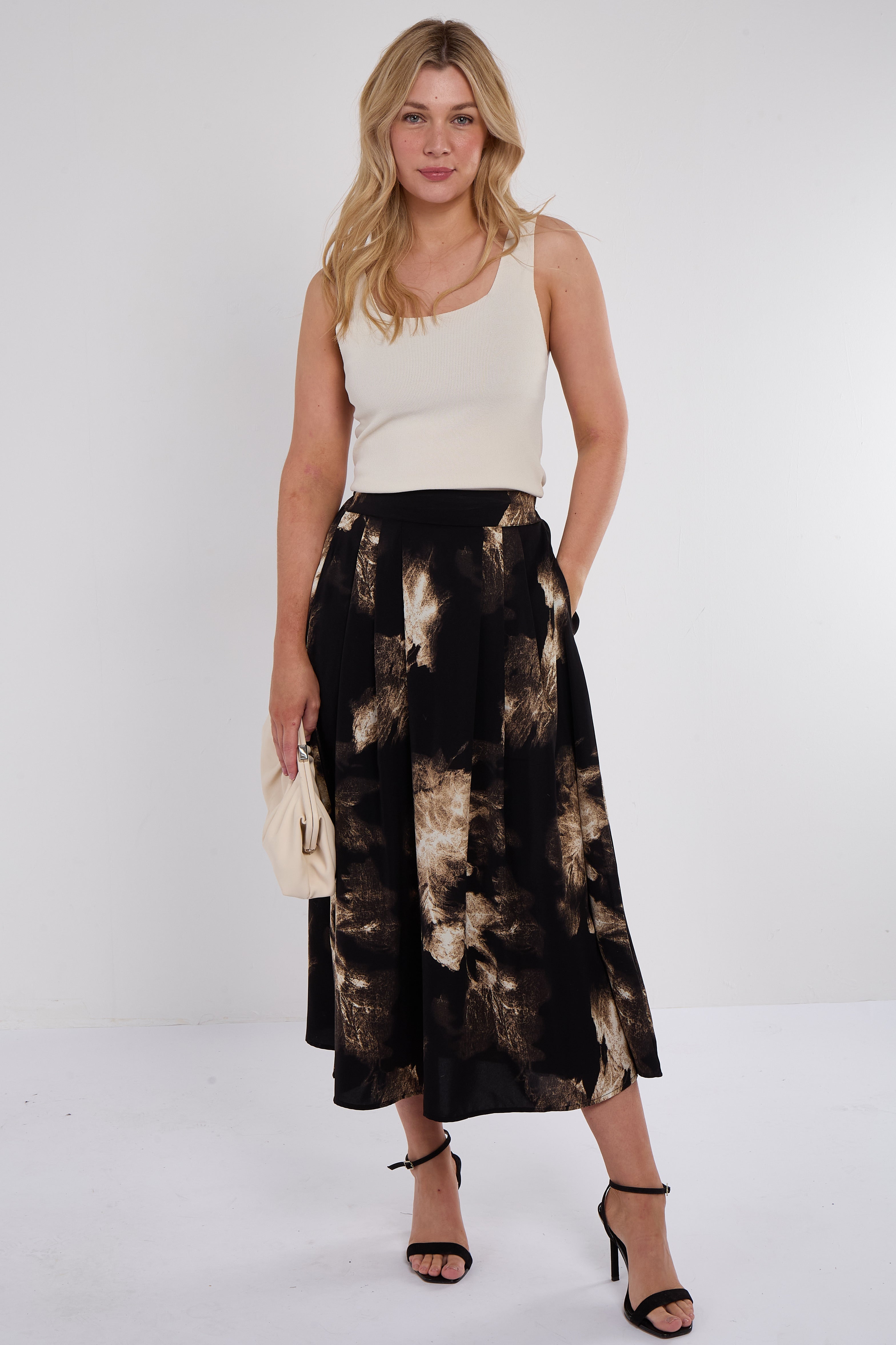 Black Brushstroke Print Midi Skirt