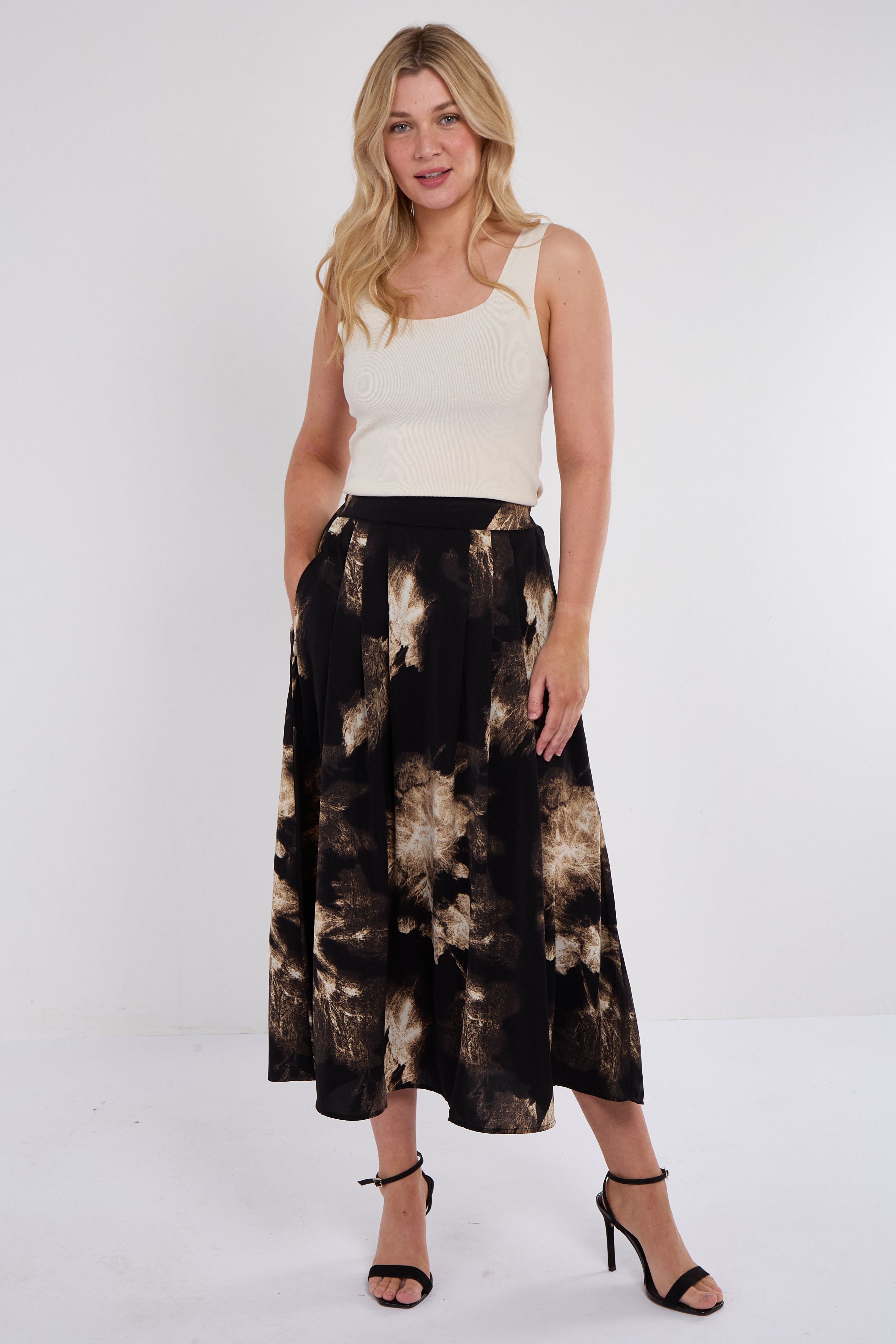 Black Brushstroke Print Midi Skirt