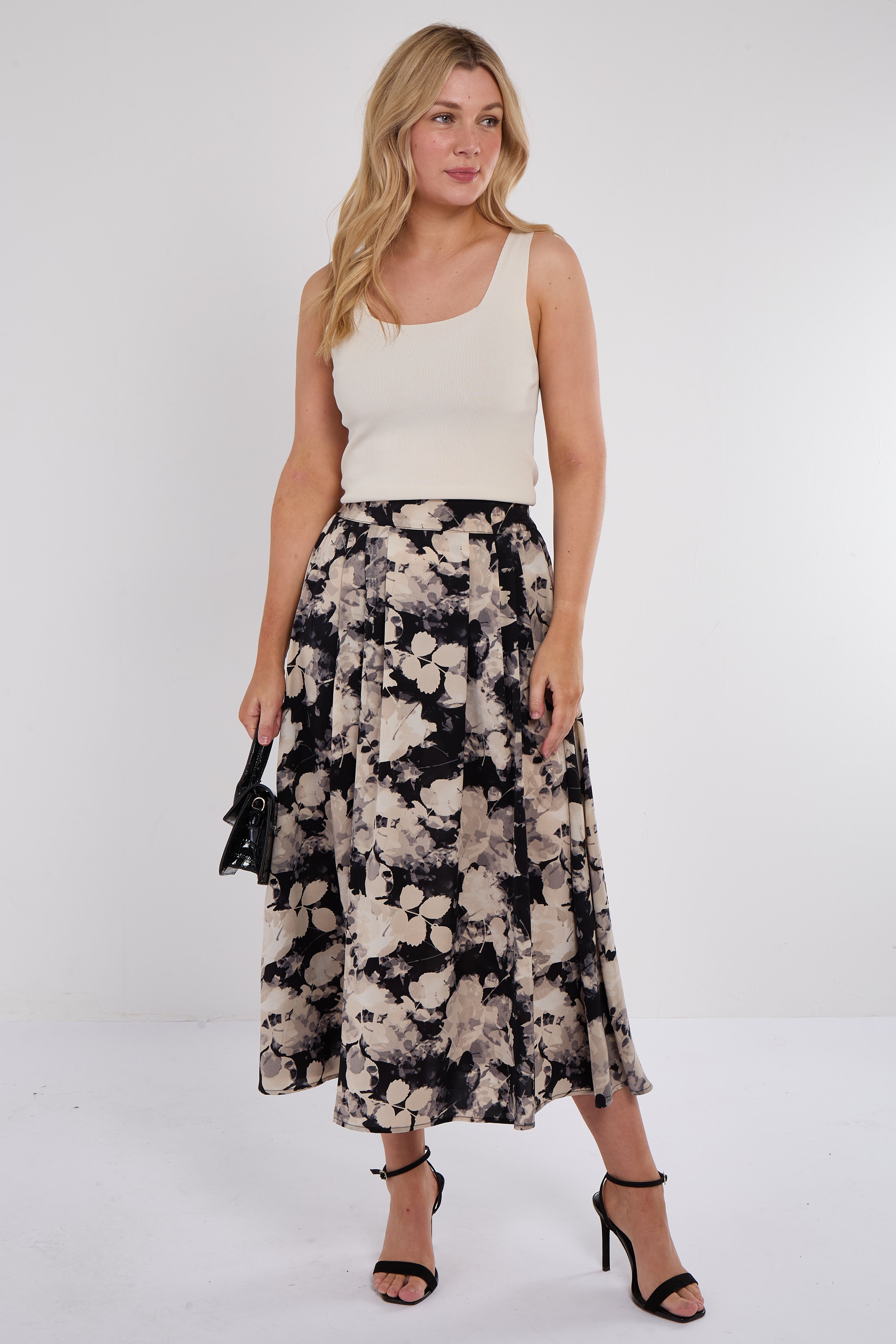 Black Floral Print Pleated Midi Skirt
