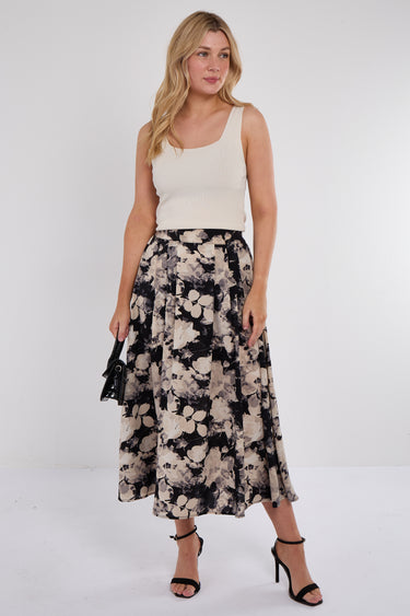 Black Floral Print Pleated Midi Skirt