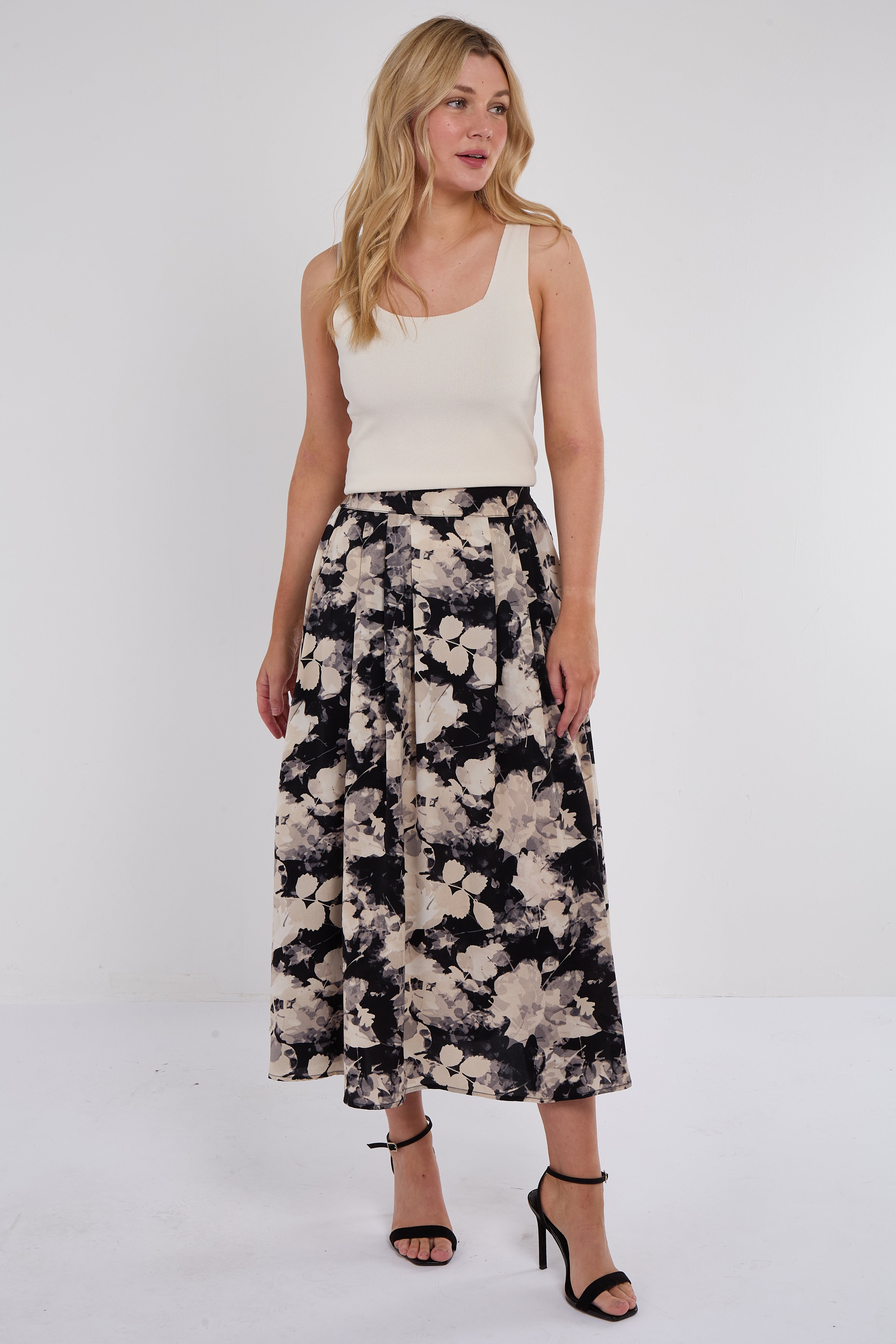 Black Floral Print Pleated Midi Skirt