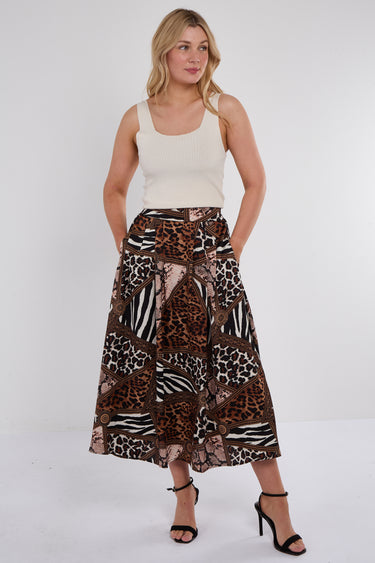 Mixed Leopard Print Satin Pleated Maxi Skirt