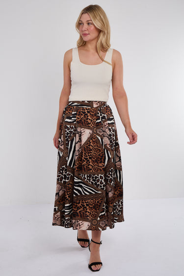 Mixed Leopard Print Satin Pleated Maxi Skirt