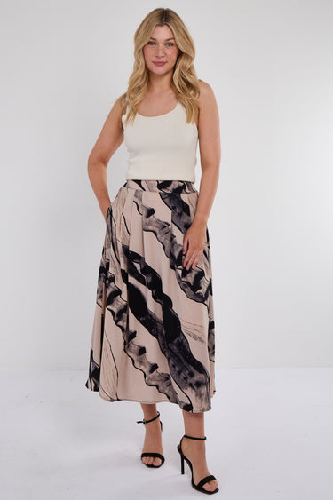 Beige Abstract Print Pleated Maxi Skirt
