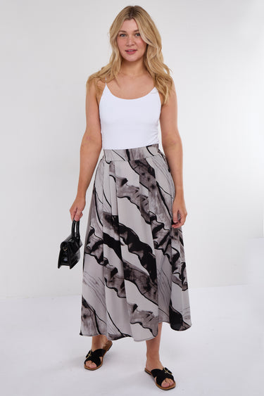 Grey Abstract Print Pleated Maxi Skirt