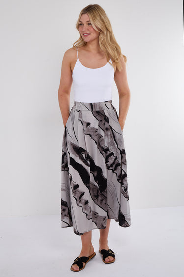 Grey Abstract Print Pleated Maxi Skirt