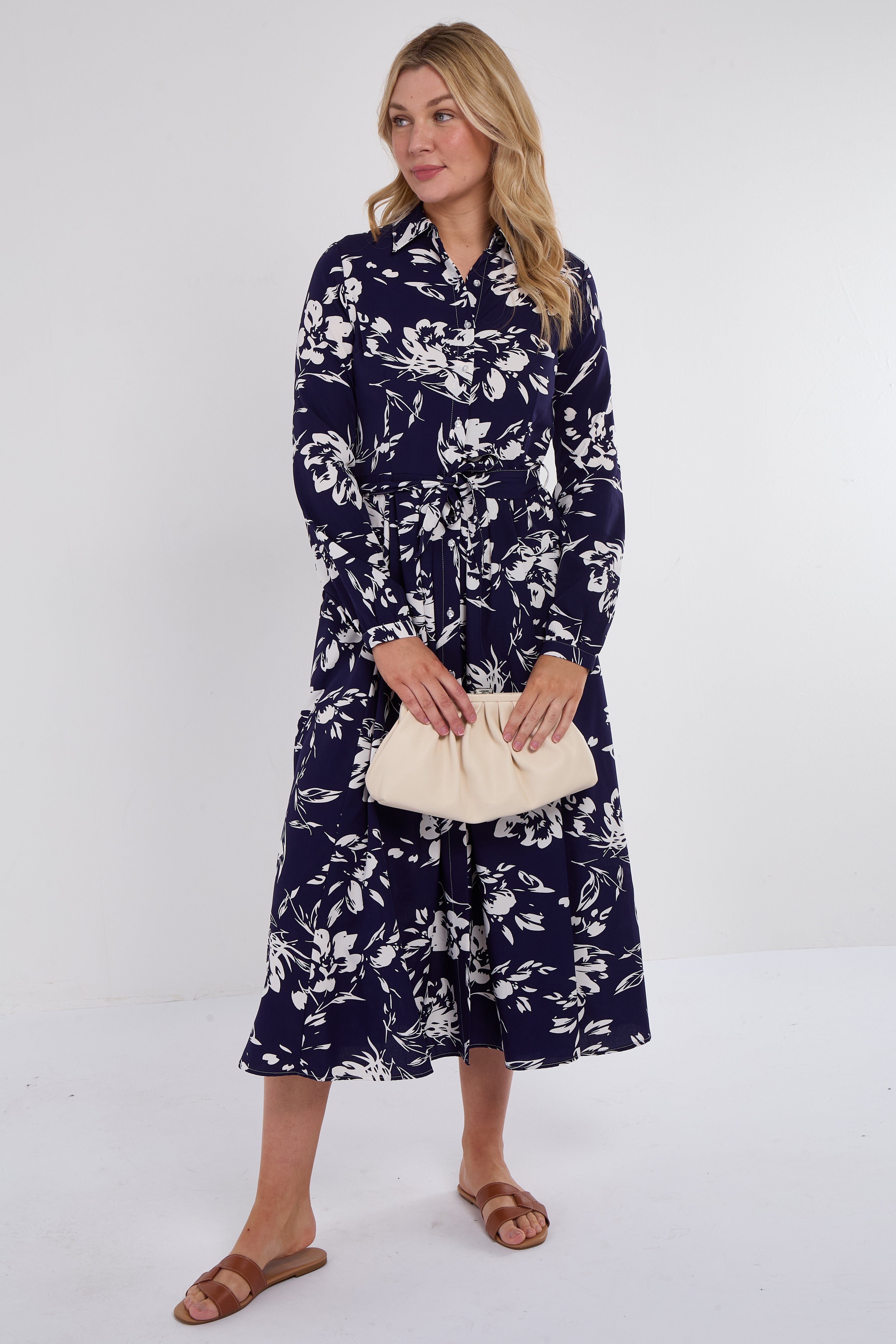 Navy Floral Print Midaxi Shirt Dress