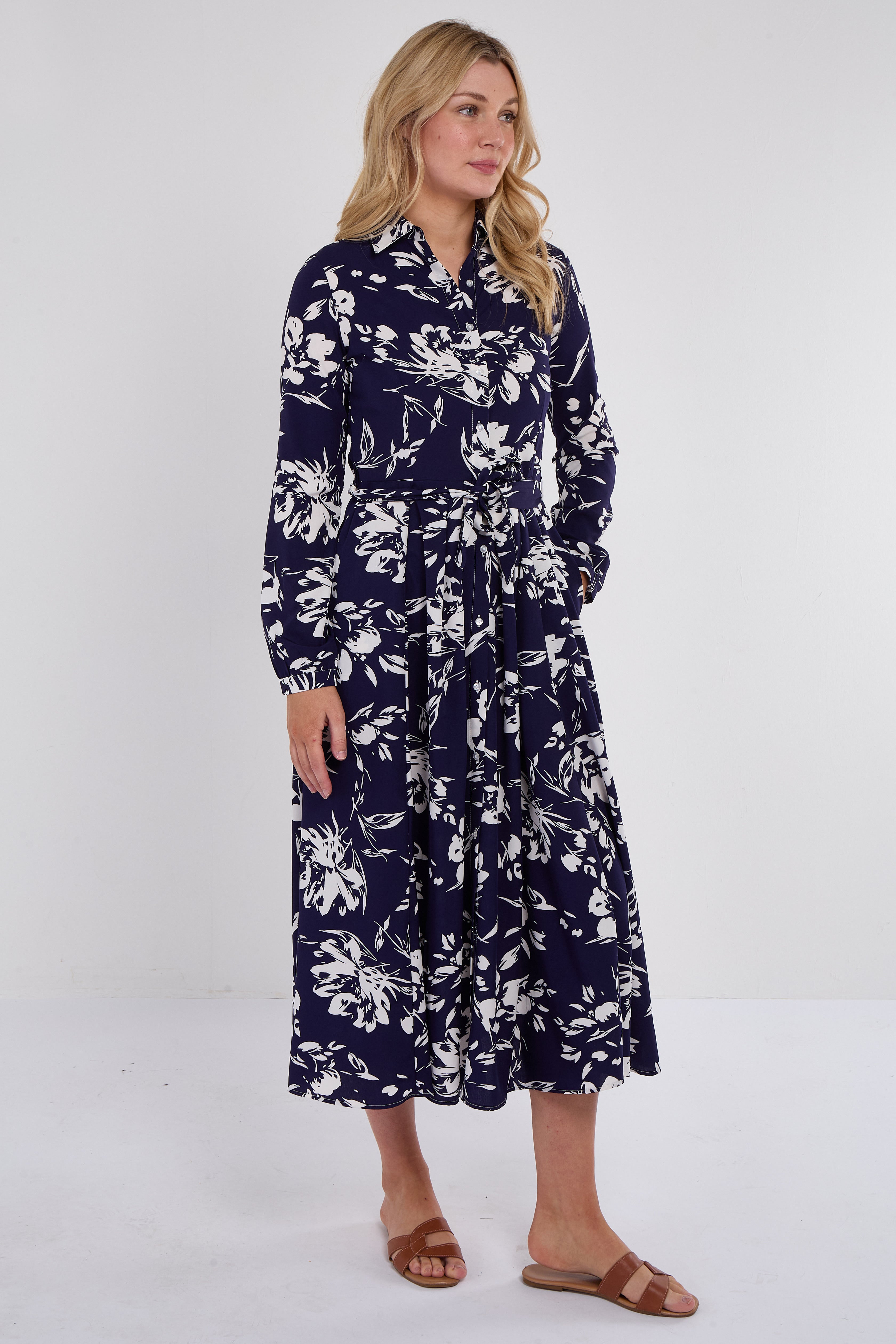 Navy Floral Print Midaxi Shirt Dress