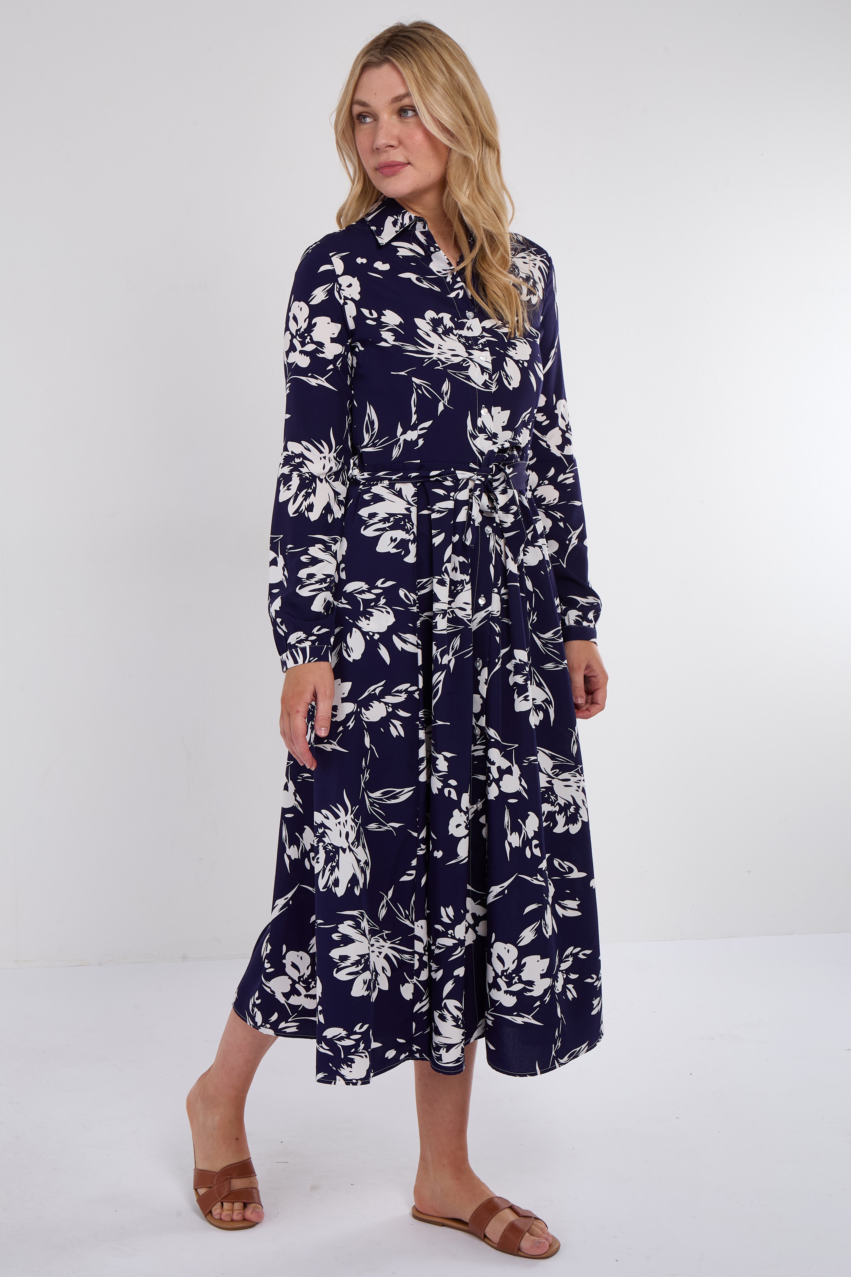 Navy Floral Print Midaxi Shirt Dress