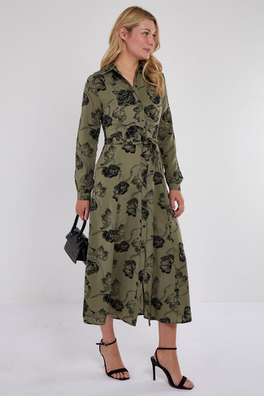 Khaki Floral Print Maxi Shirt Dress