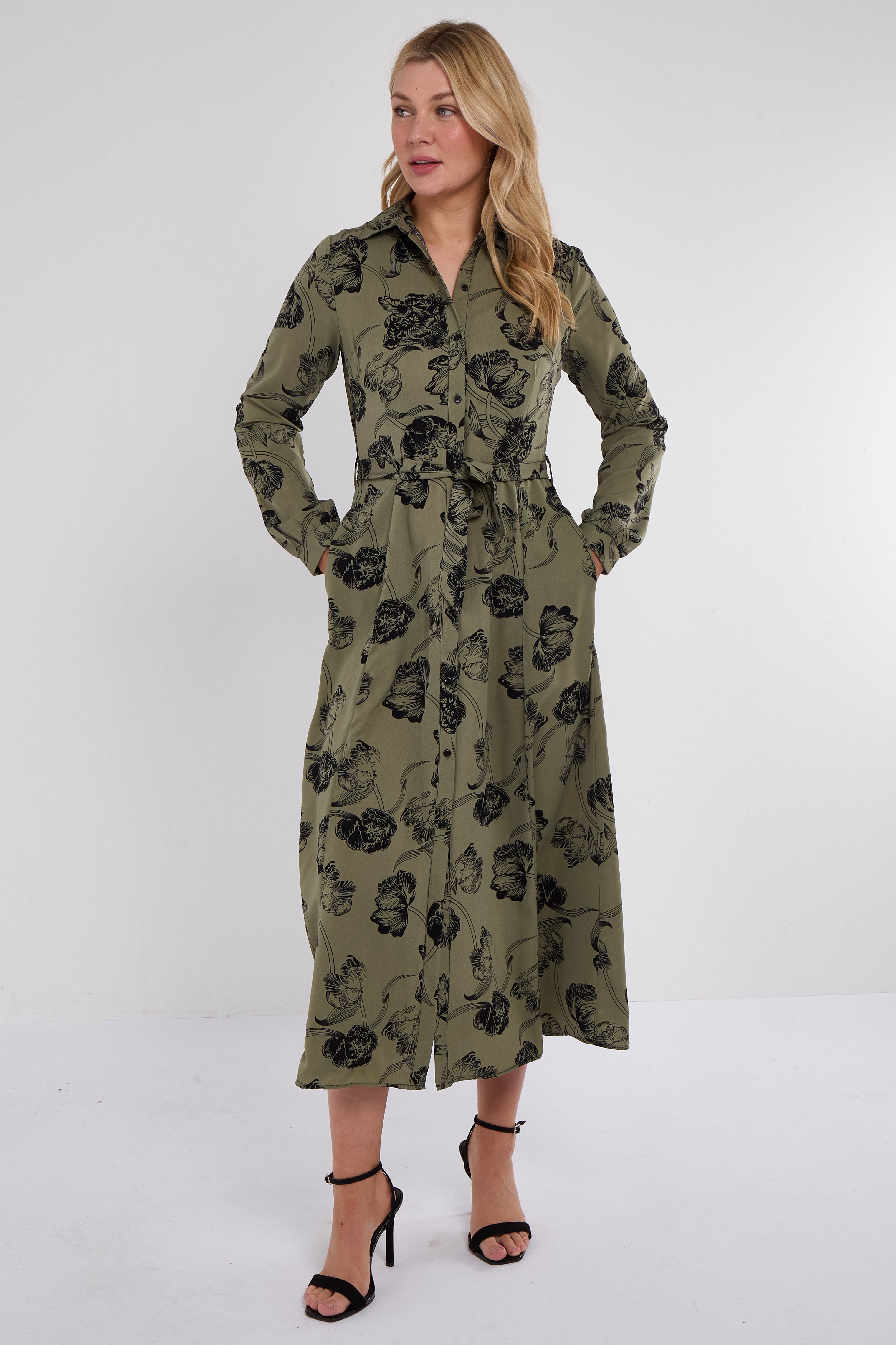 Khaki Floral Print Maxi Shirt Dress