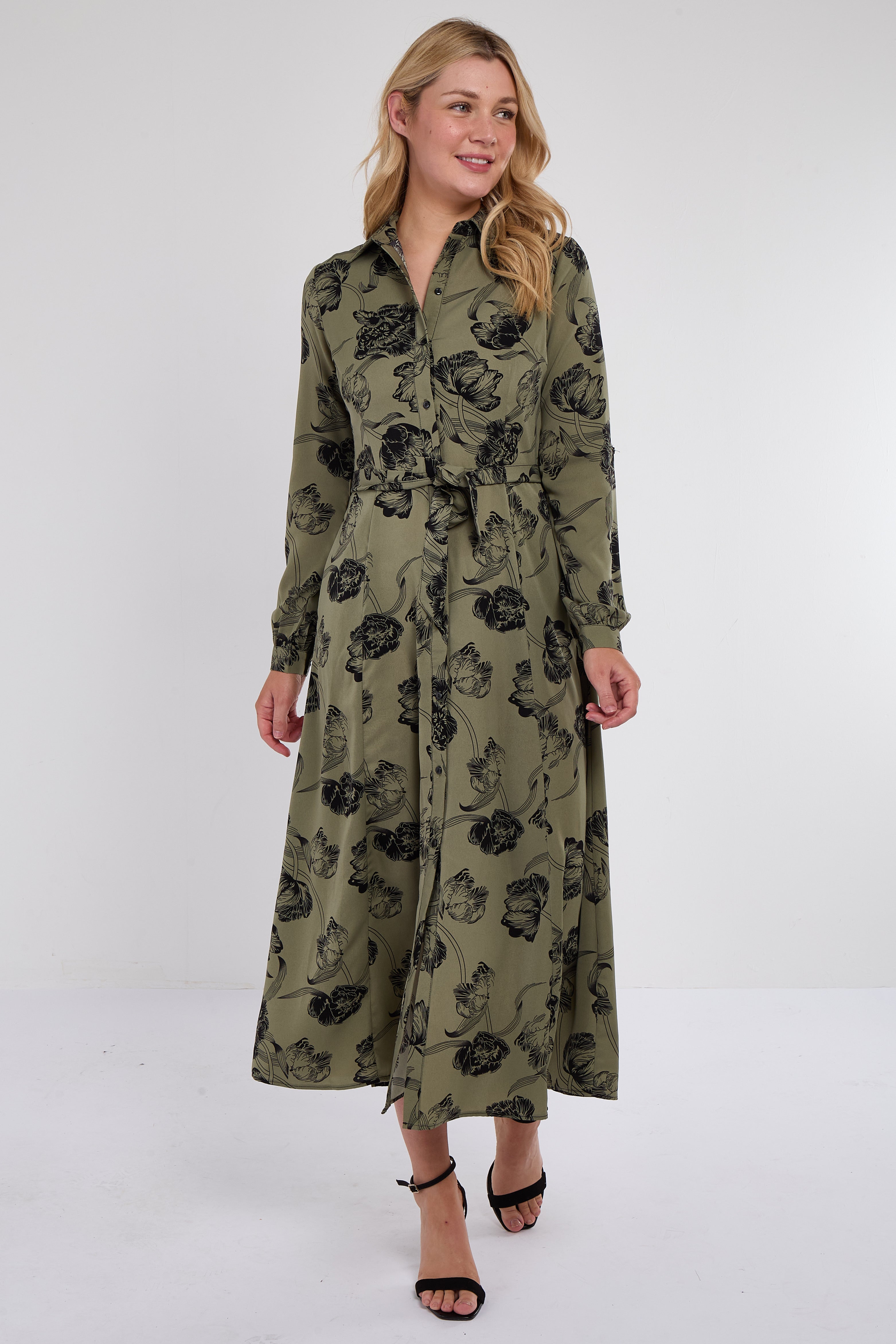 Khaki Floral Print Maxi Shirt Dress