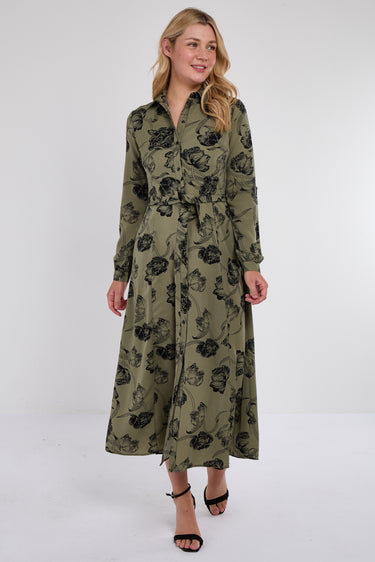 Khaki Floral Print Maxi Shirt Dress