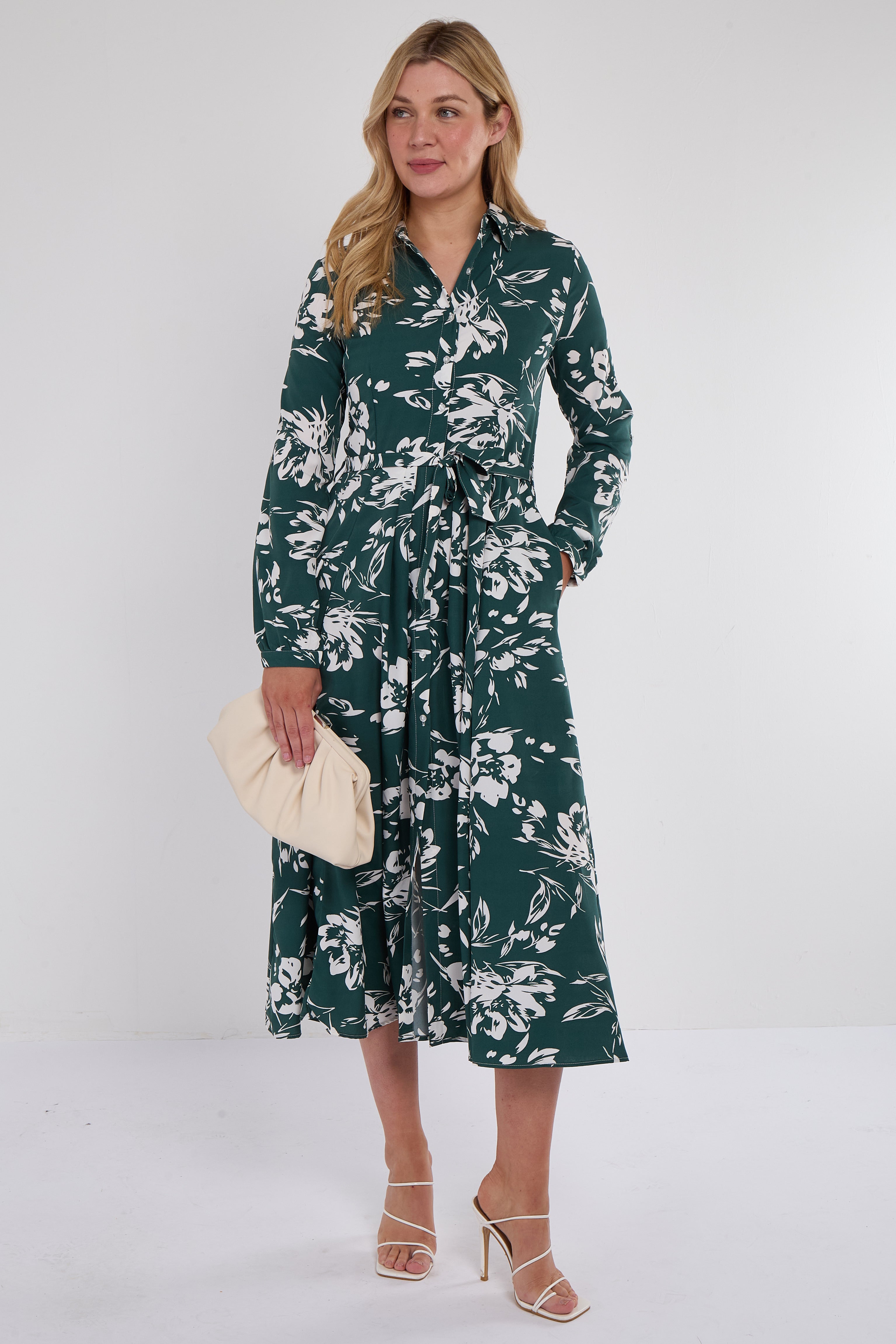 Green Floral Print Midaxi Shirt Dress