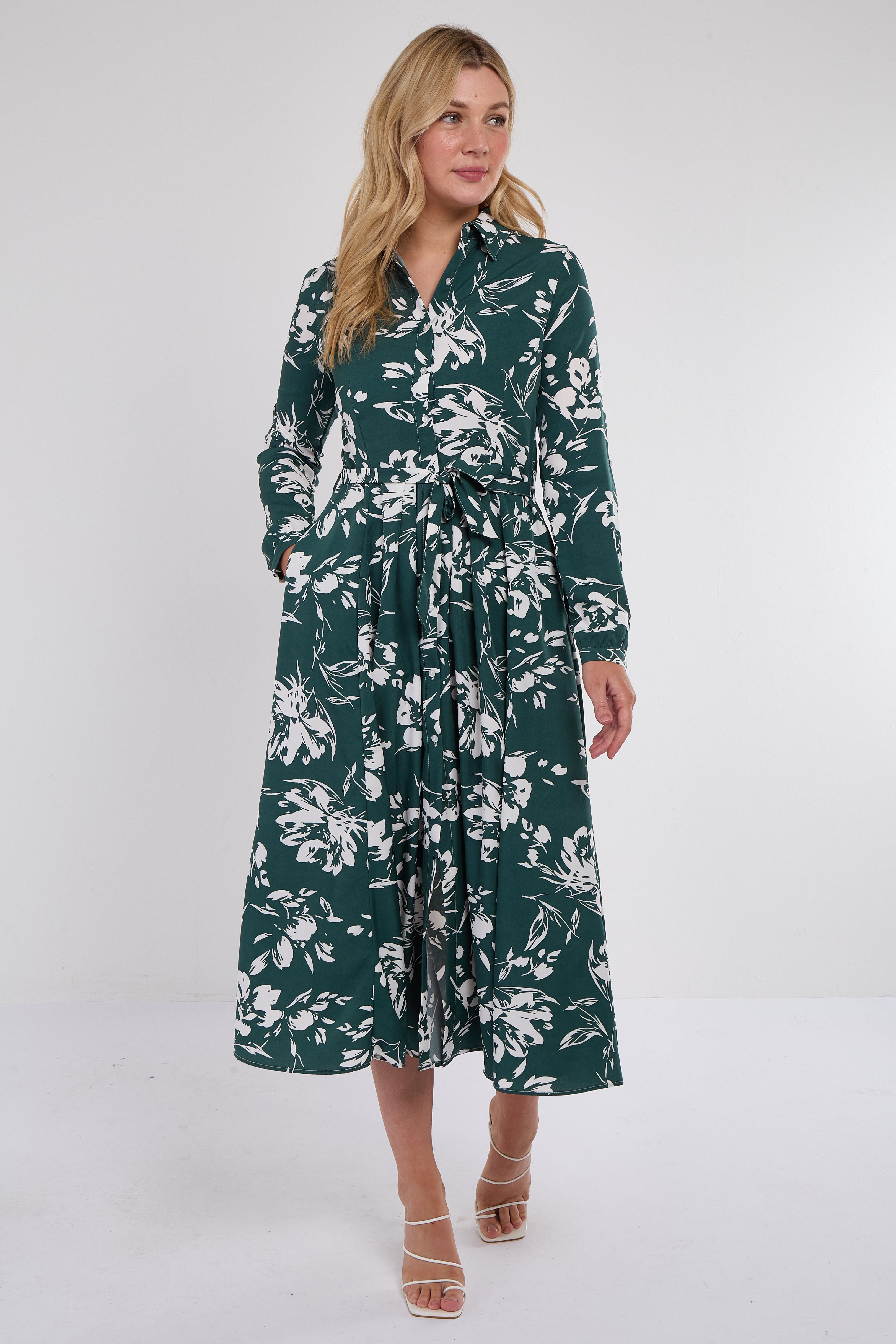 Green Floral Print Midaxi Shirt Dress