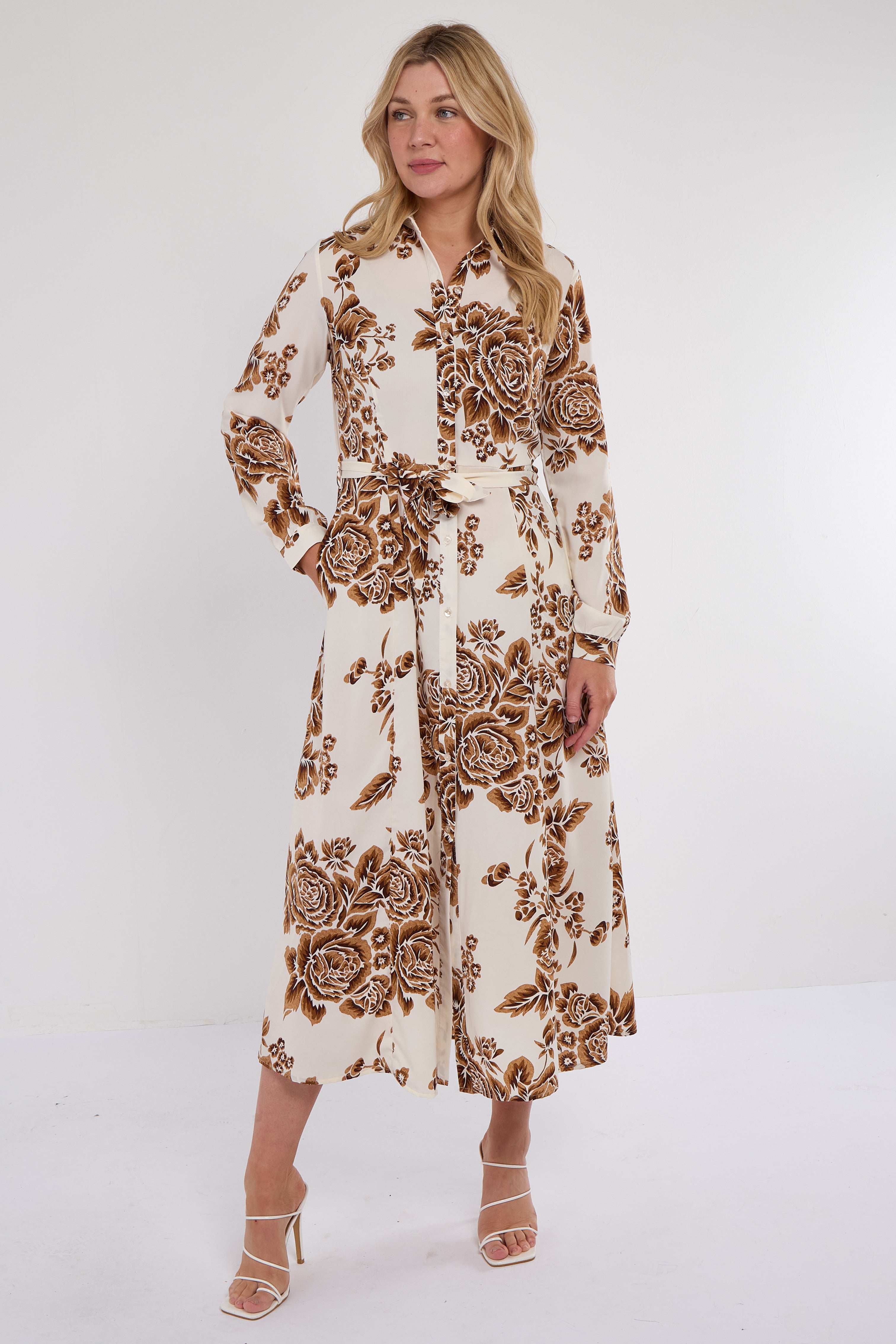 Cream and Brown Vintage Rose Print Maxi Shirt Dress