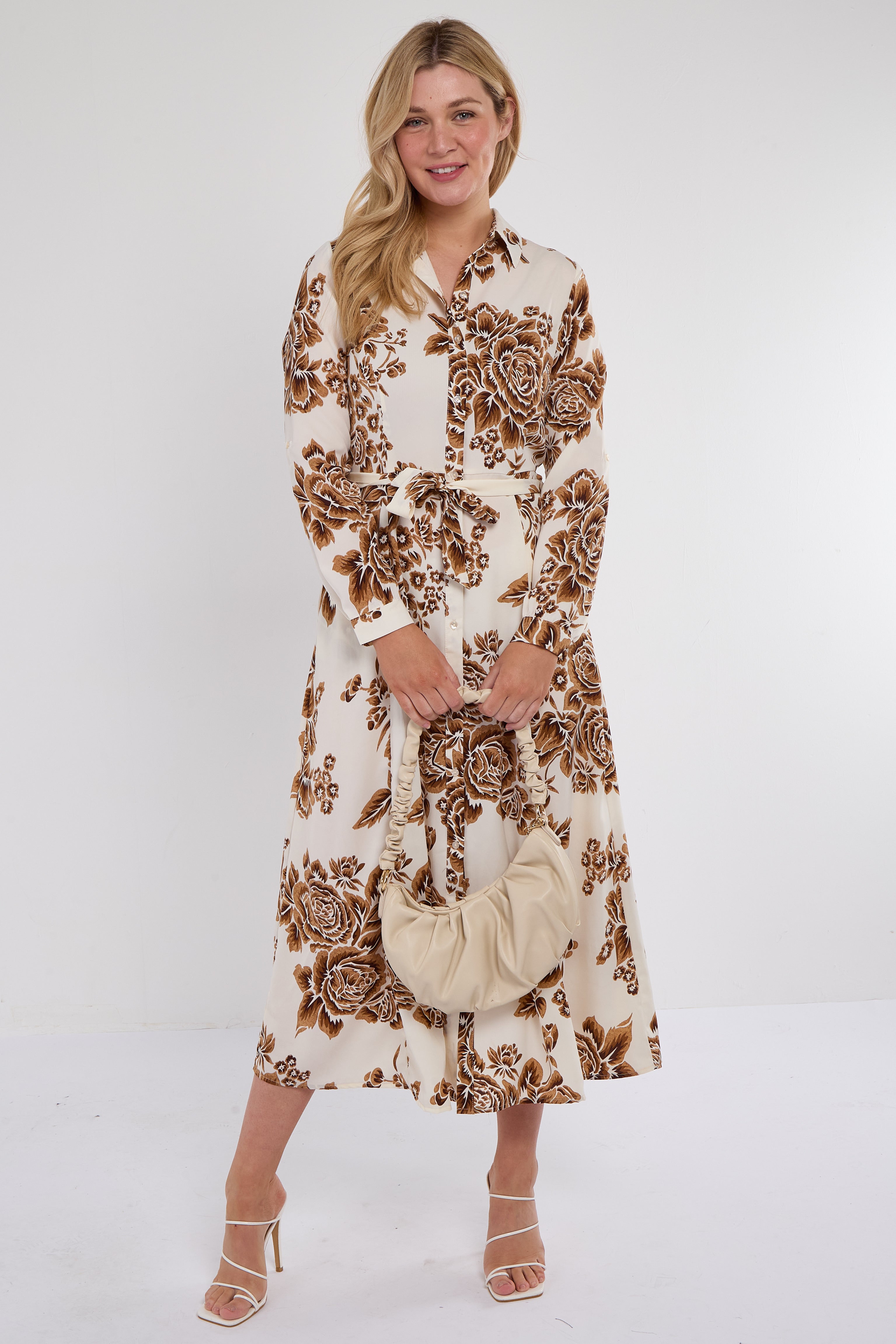 Cream and Brown Vintage Rose Print Maxi Shirt Dress