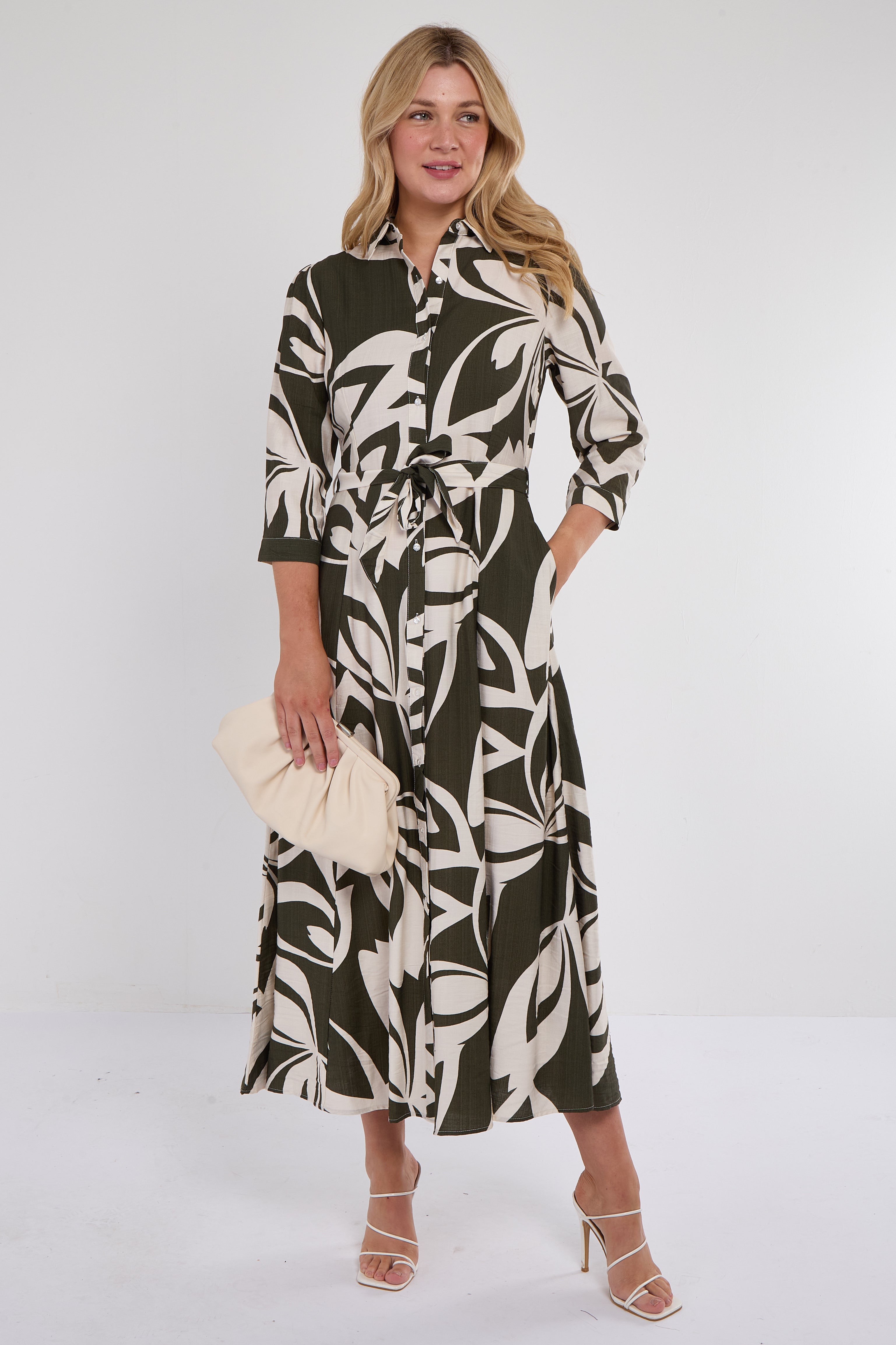 Khaki Abstract Leaf Print Maxi Shirt Dress