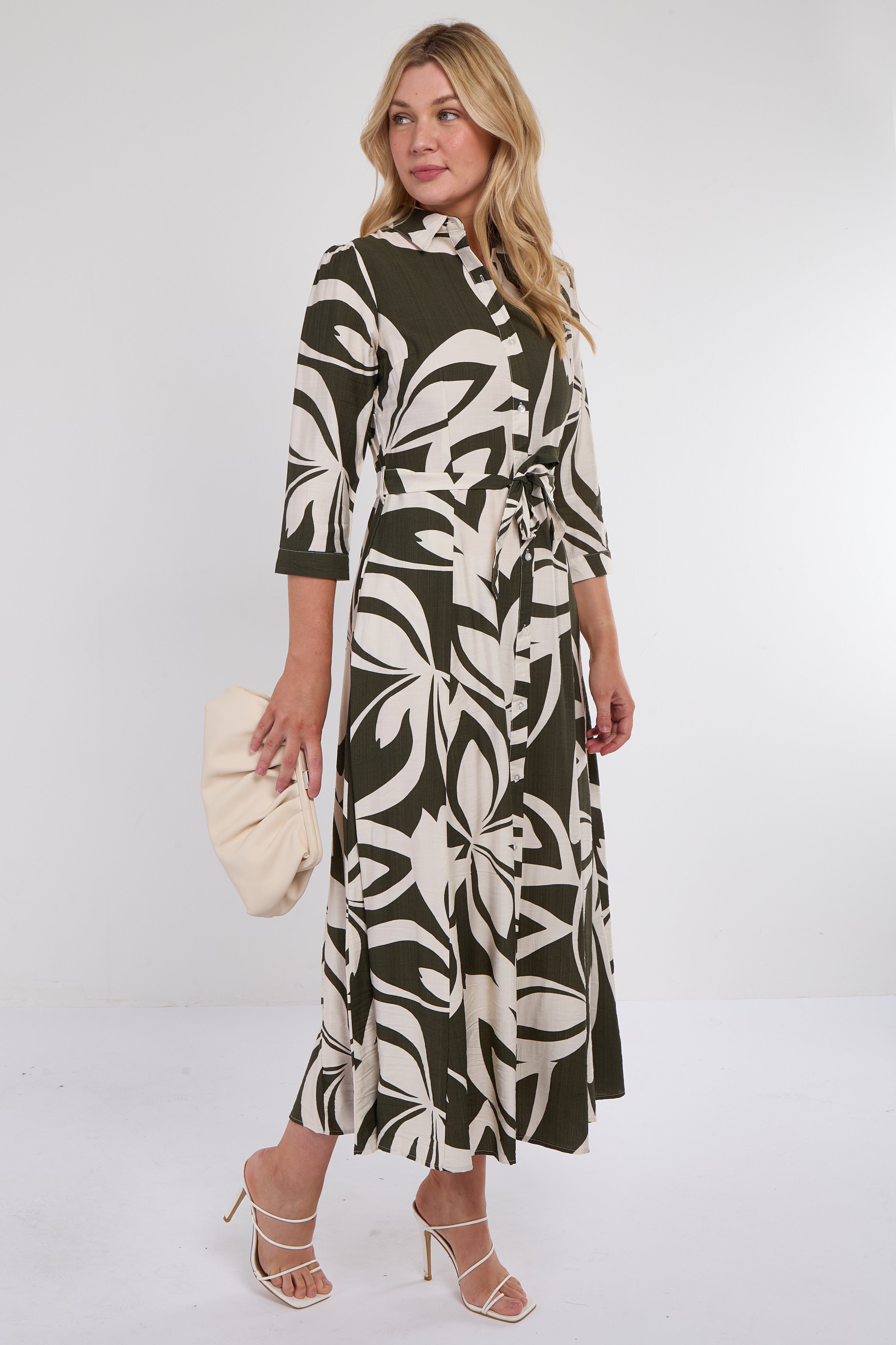 Khaki Abstract Leaf Print Maxi Shirt Dress