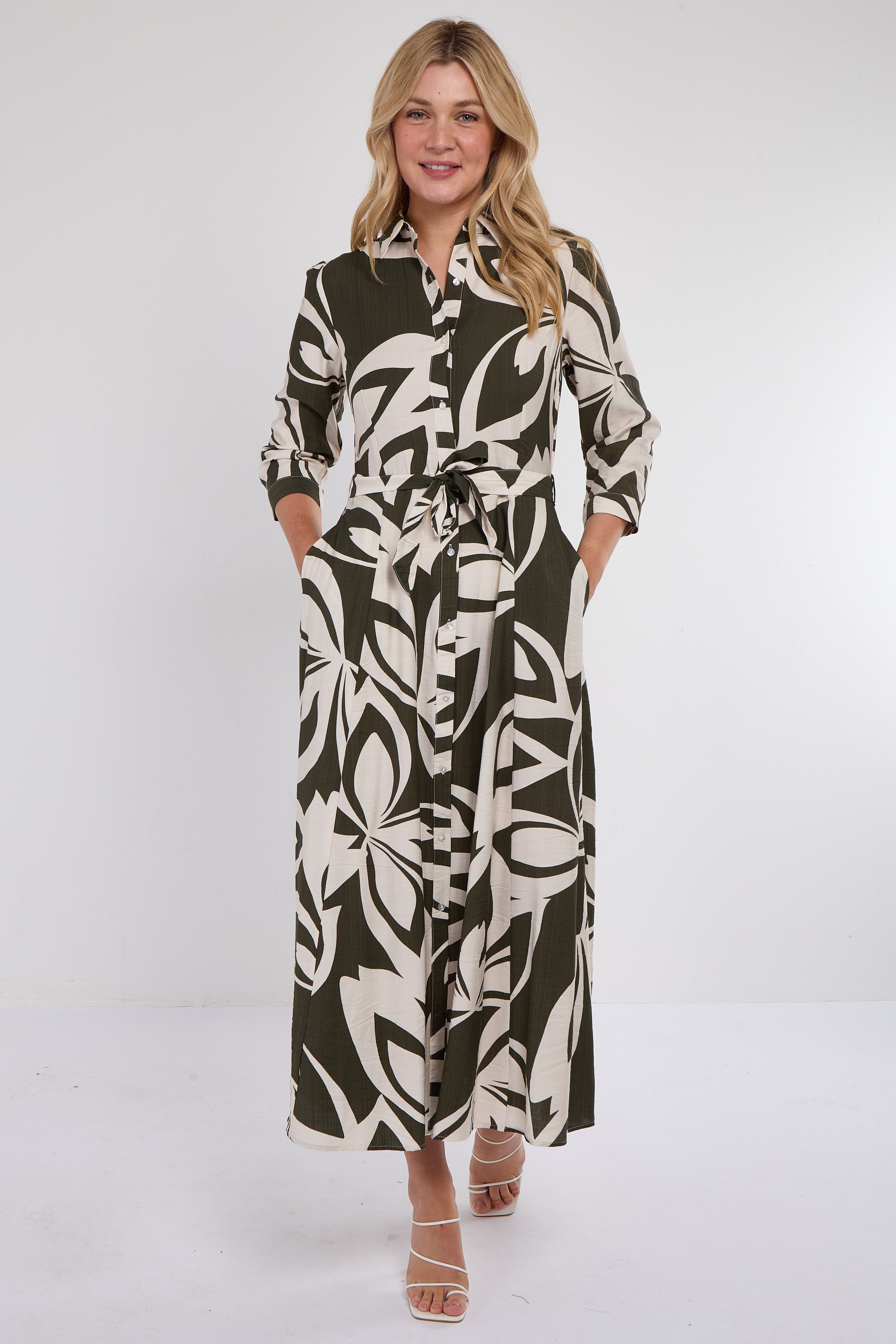 Khaki Abstract Leaf Print Maxi Shirt Dress