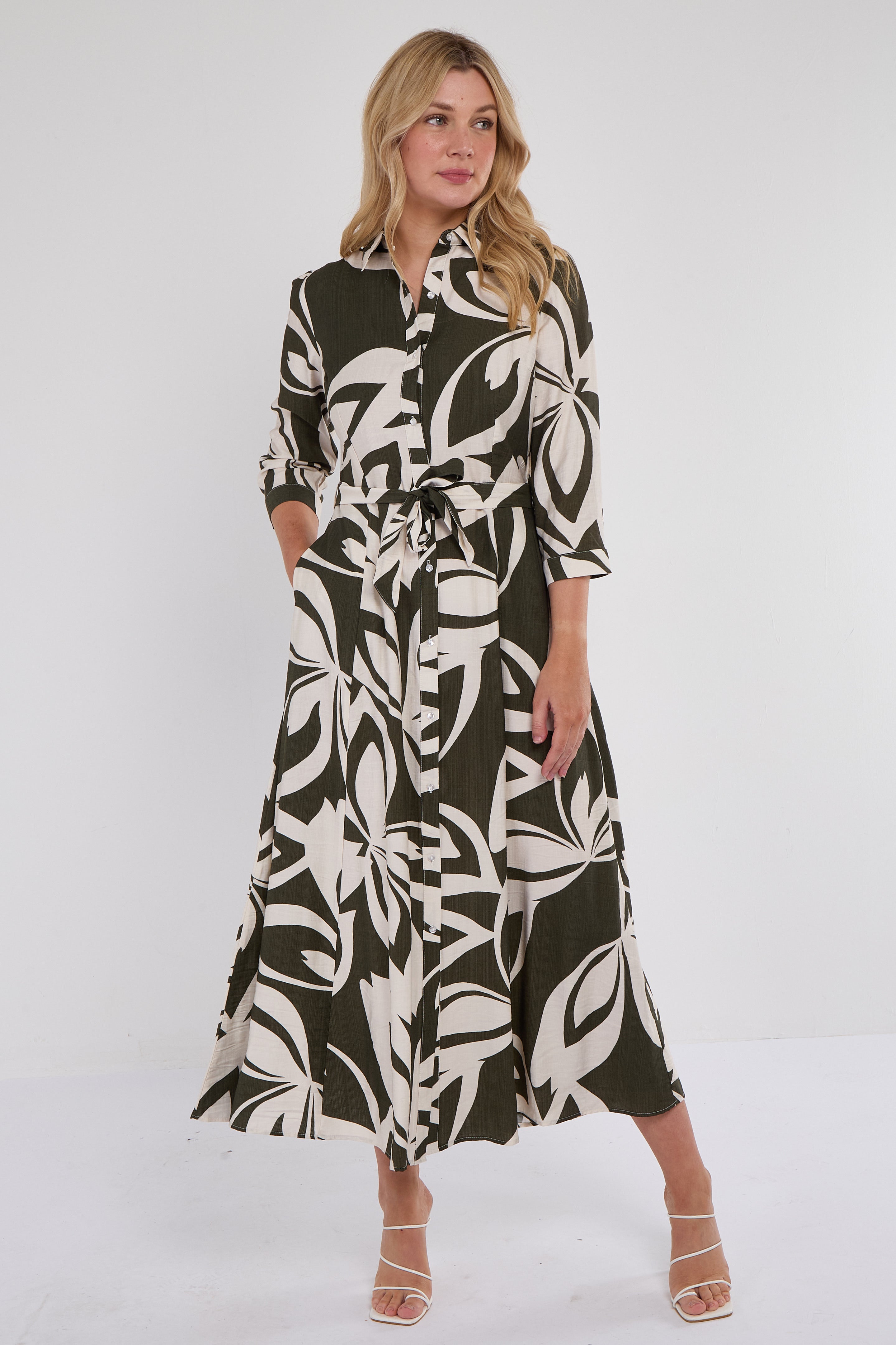 Khaki Abstract Leaf Print Maxi Shirt Dress