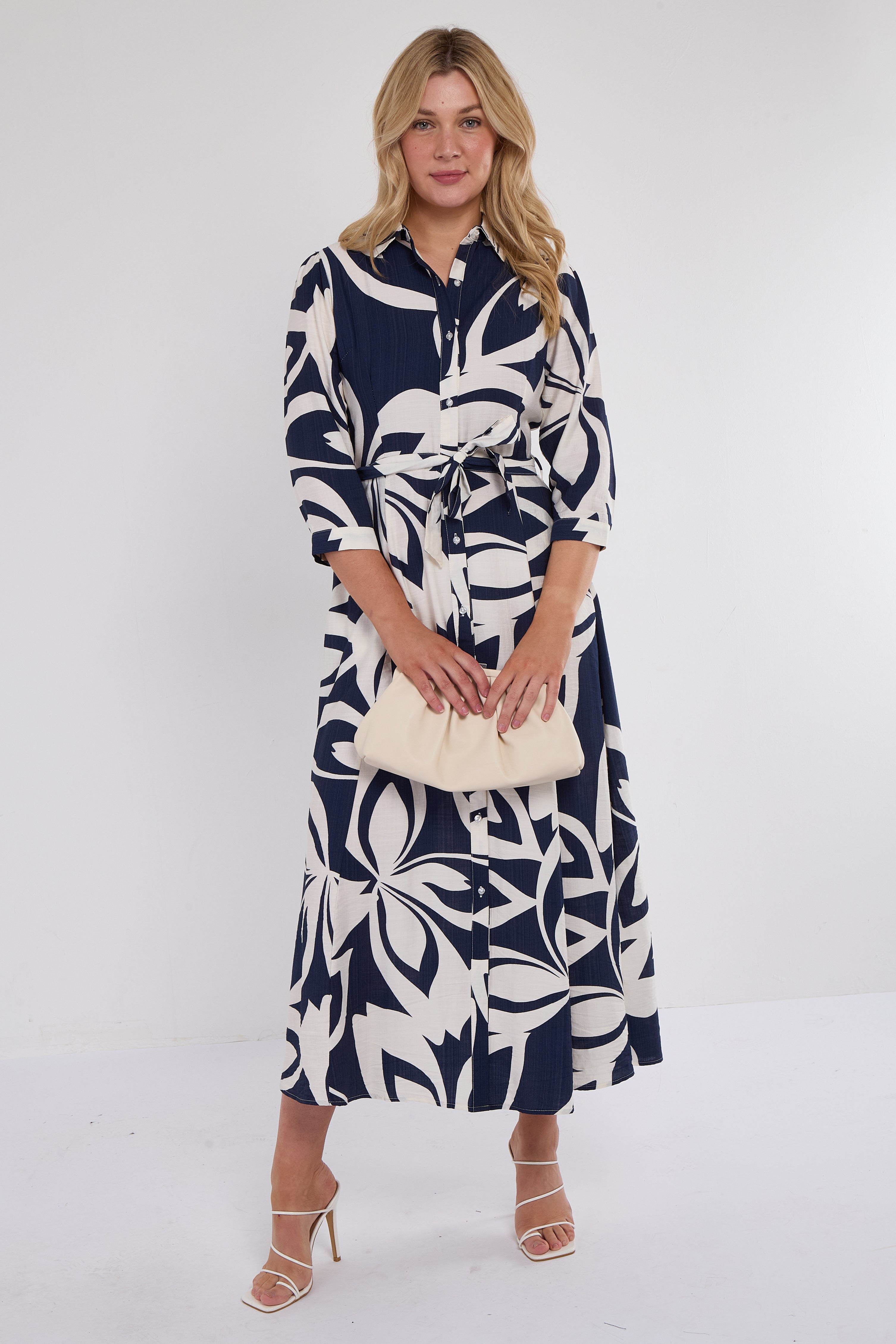 Navy Abstract Leaf Print Maxi Shirt Dress