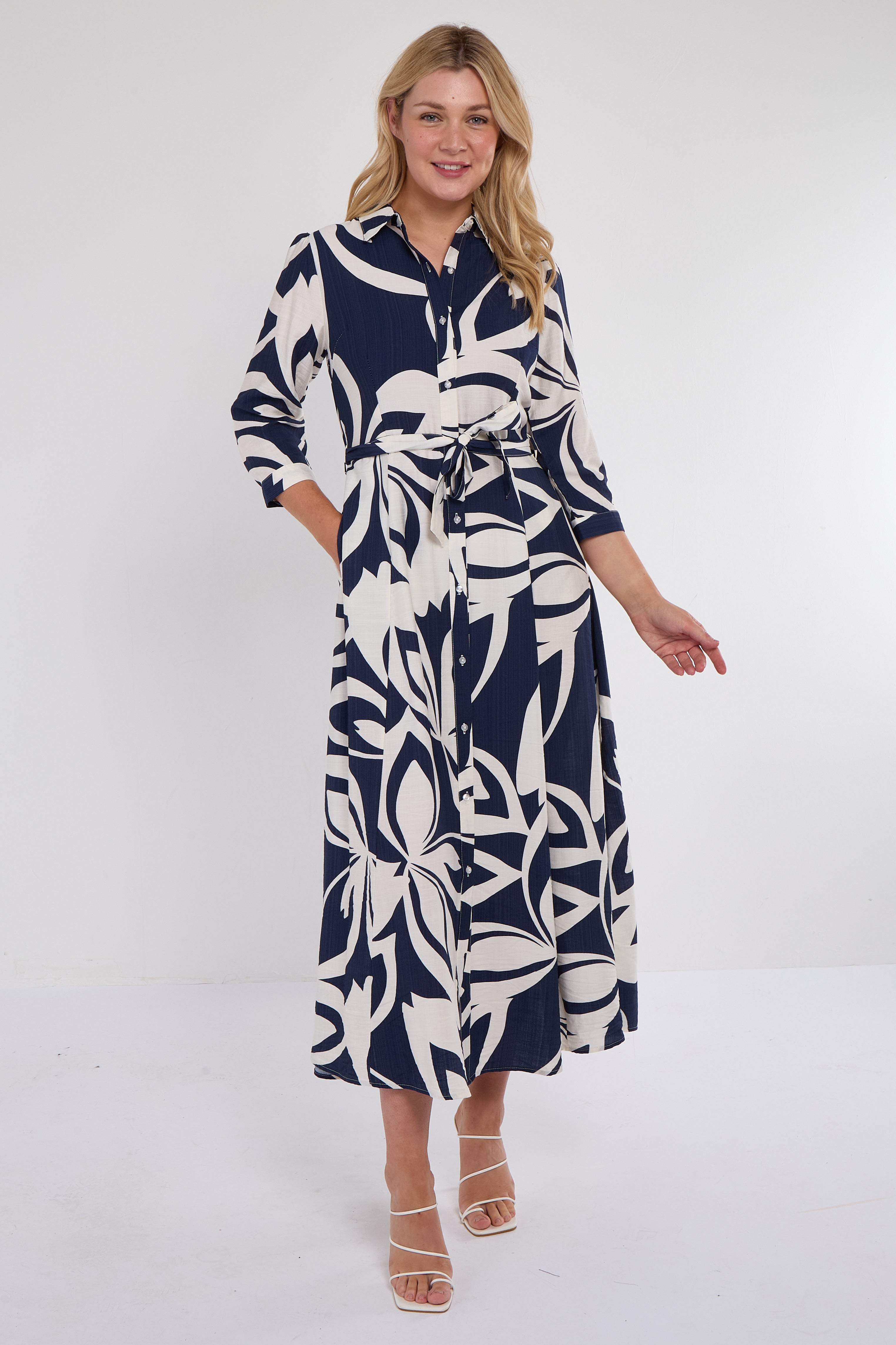 Navy Abstract Leaf Print Maxi Shirt Dress