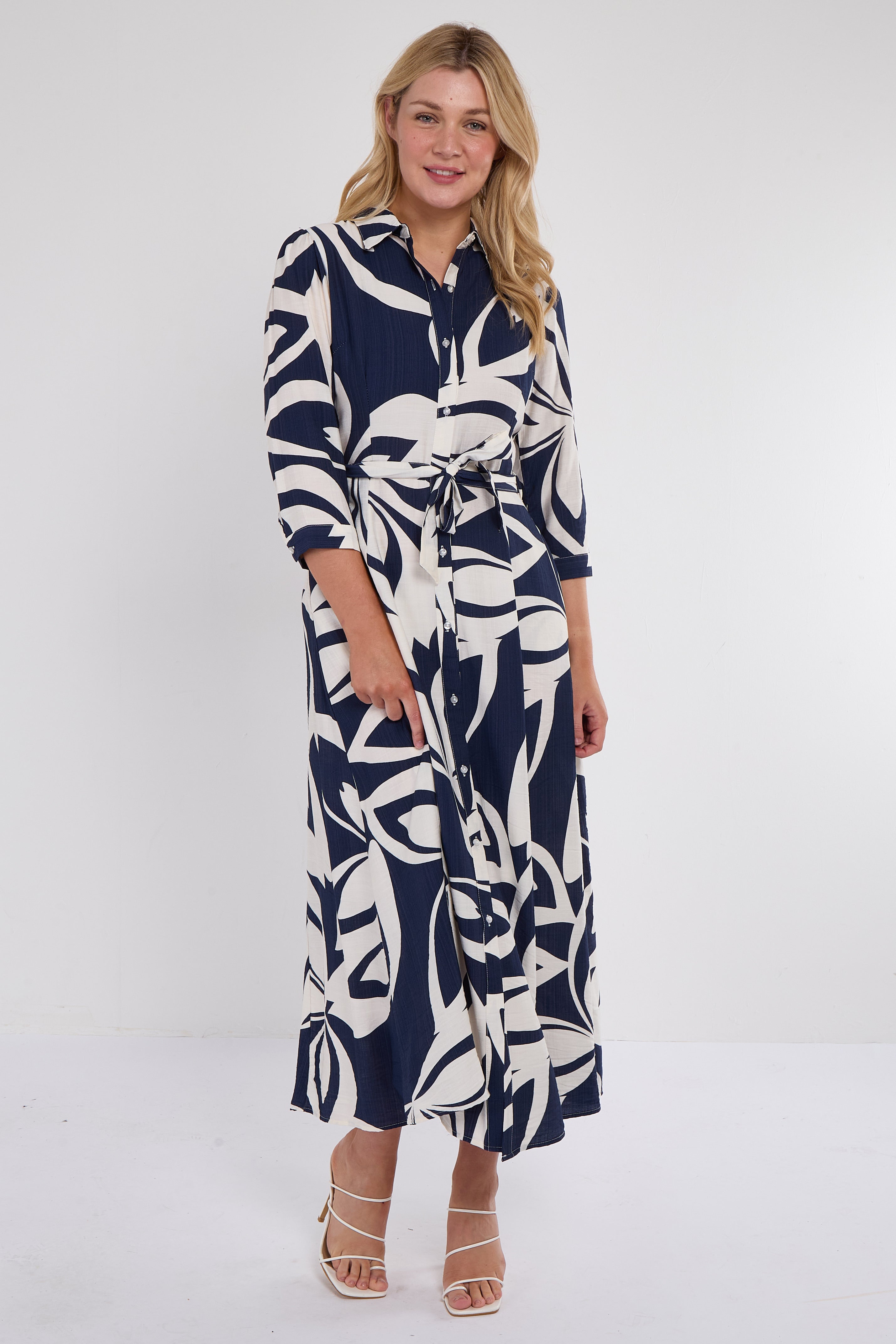 Navy Abstract Leaf Print Maxi Shirt Dress
