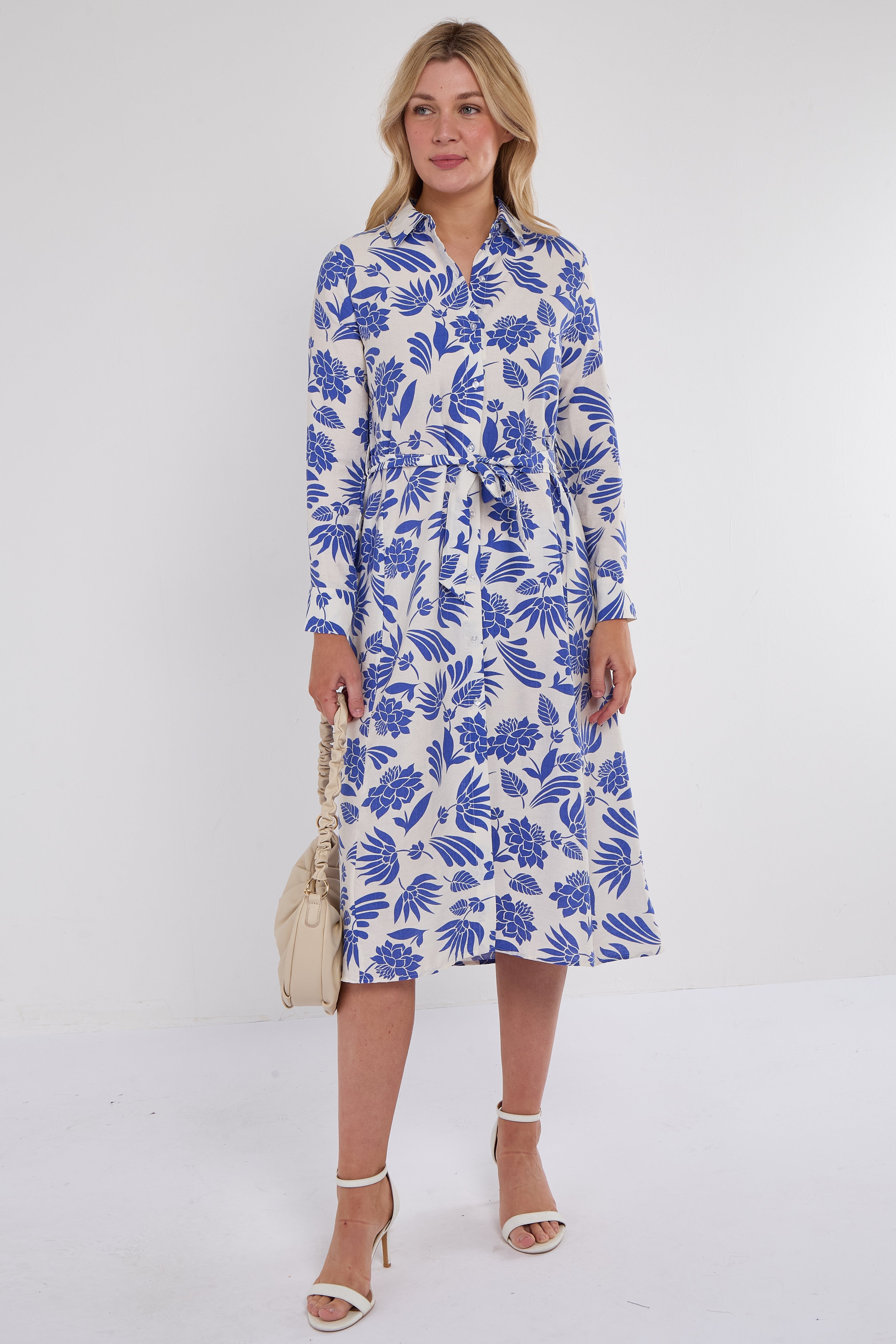 Cobalt Botanical Print Midi Shirt Dress