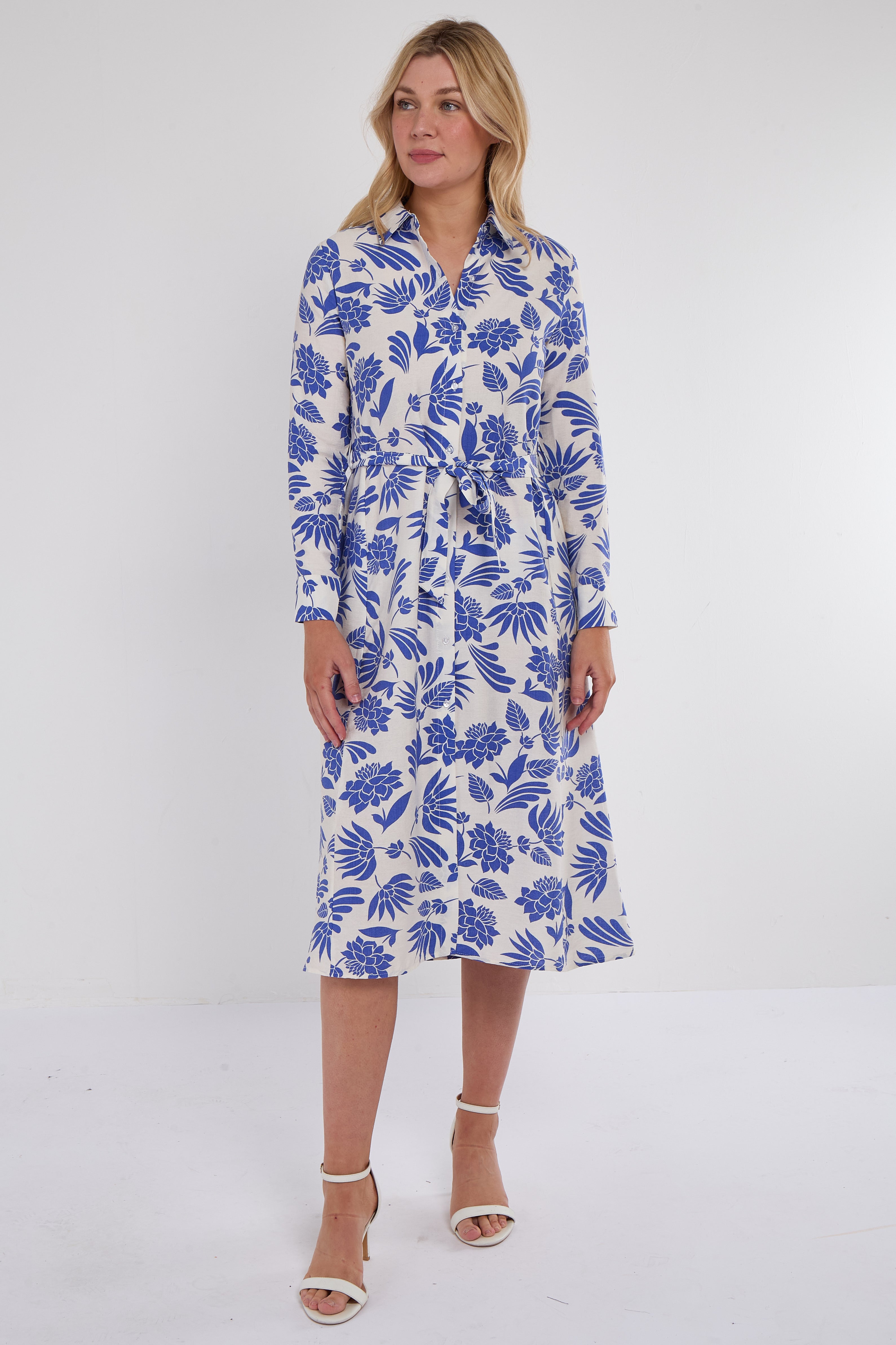 Cobalt Botanical Print Midi Shirt Dress