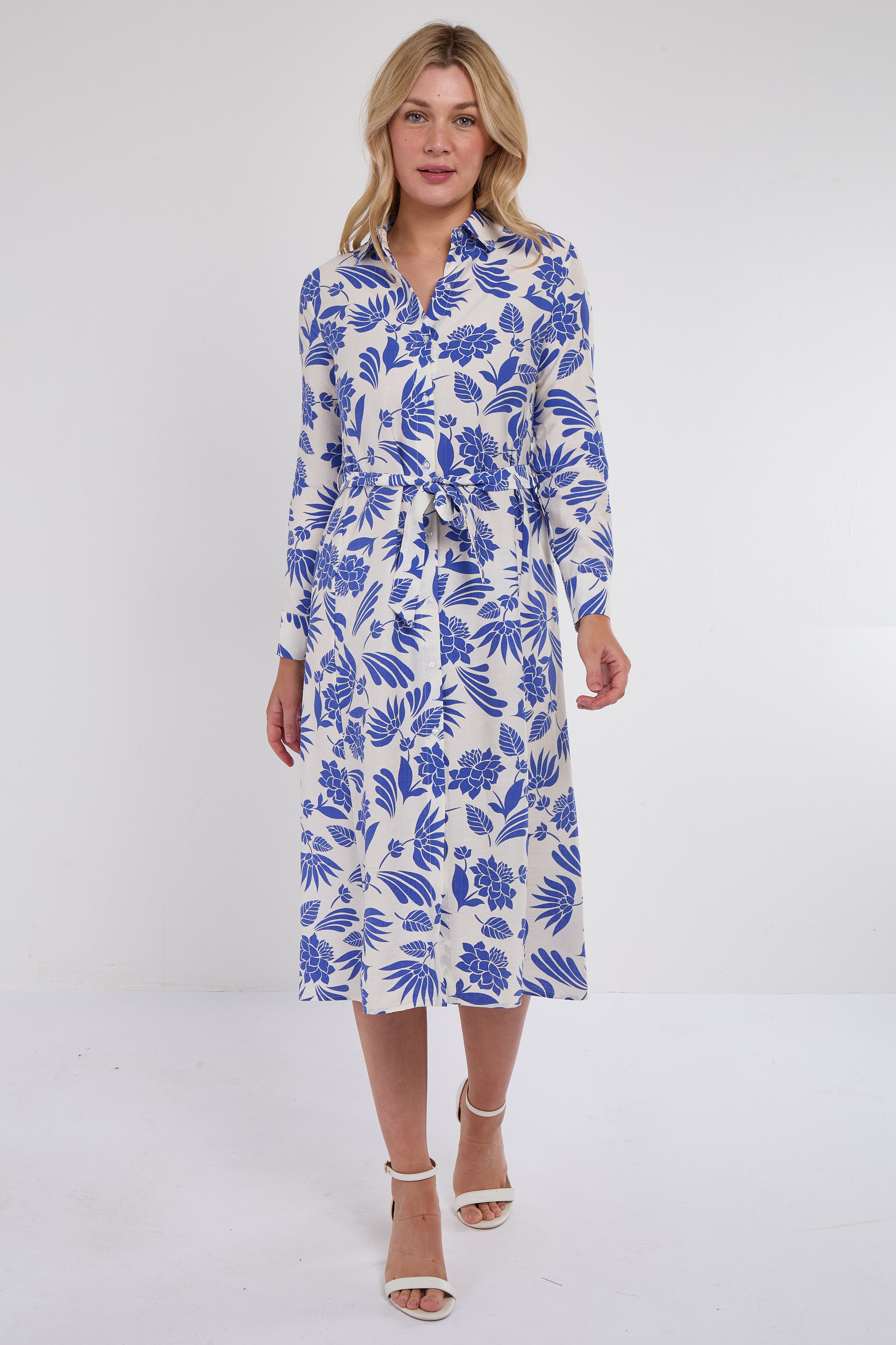 Cobalt Botanical Print Midi Shirt Dress
