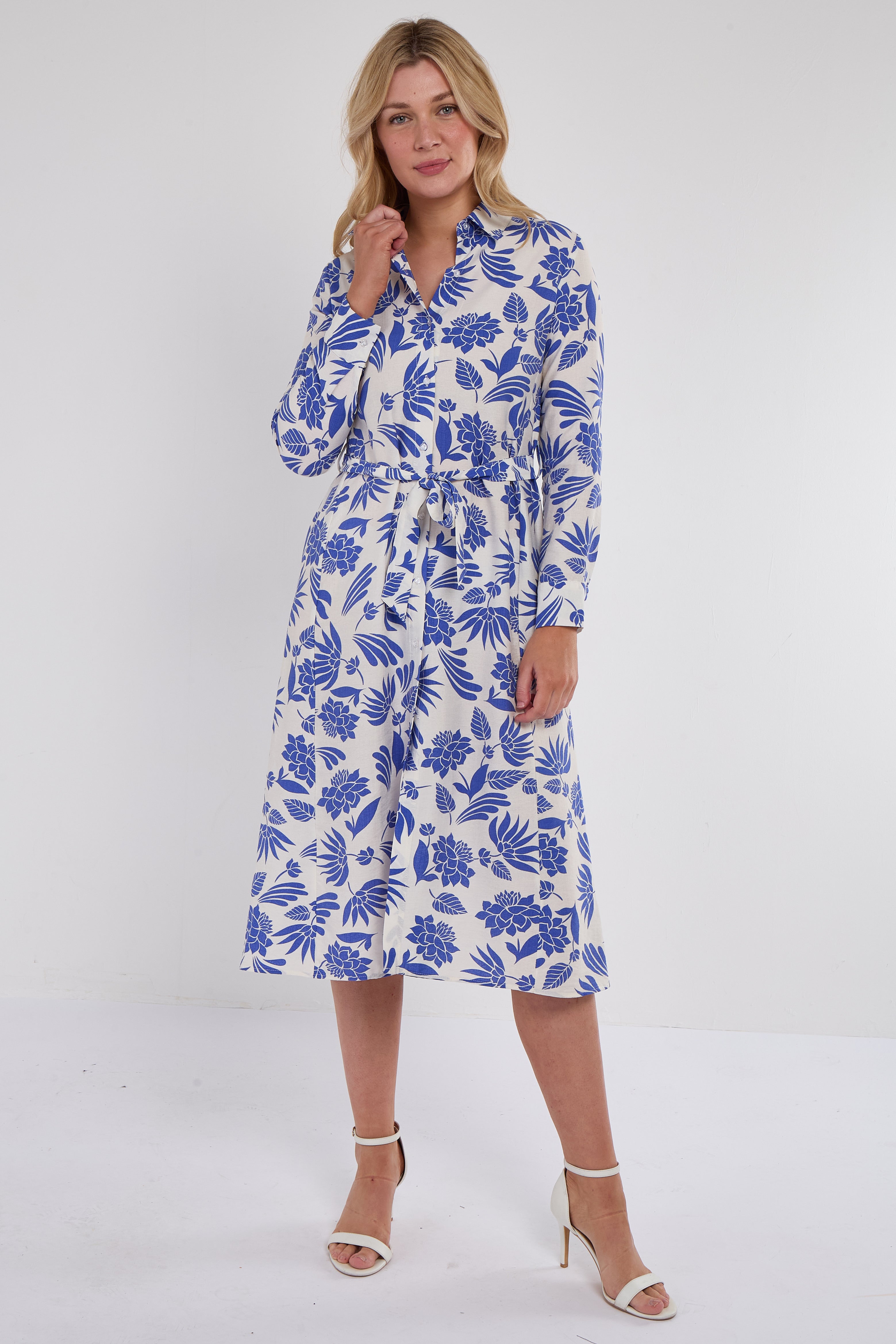 Cobalt Botanical Print Midi Shirt Dress
