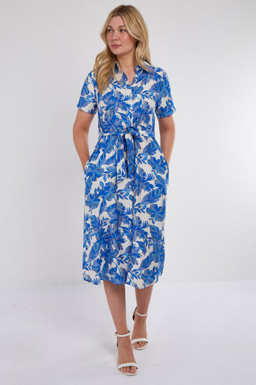 Cobalt Floral Print Short Sleeve Midi Shirt Dress