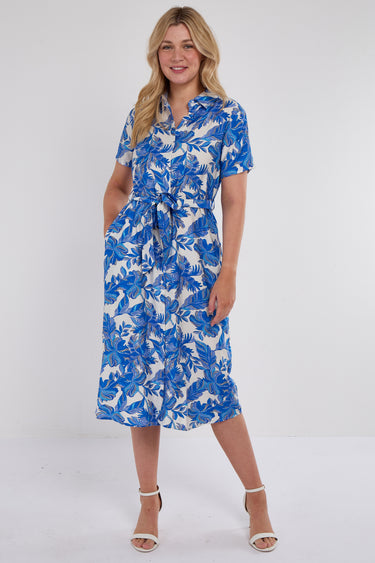 Cobalt Floral Print Short Sleeve Midi Shirt Dress