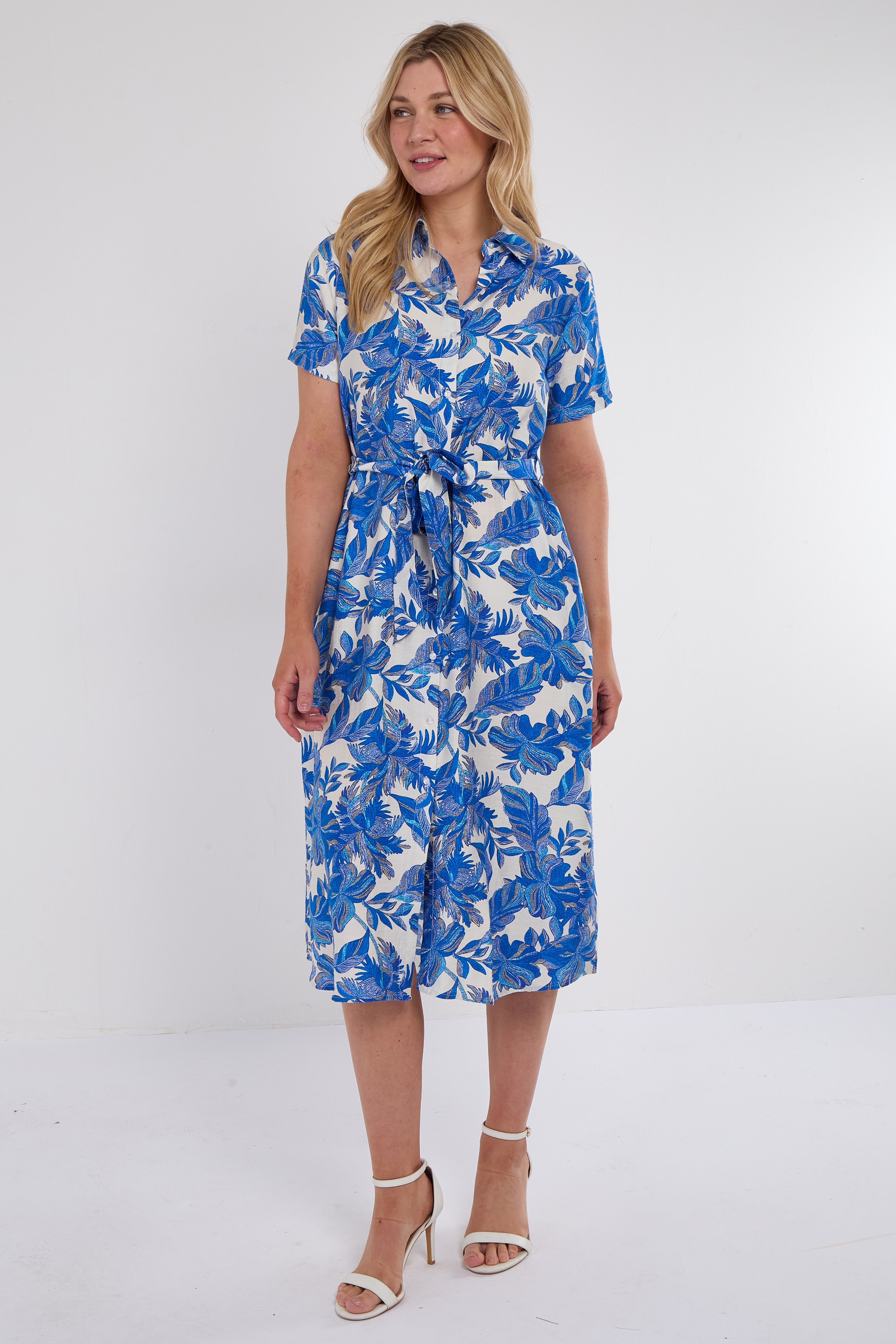 Cobalt Floral Print Short Sleeve Midi Shirt Dress