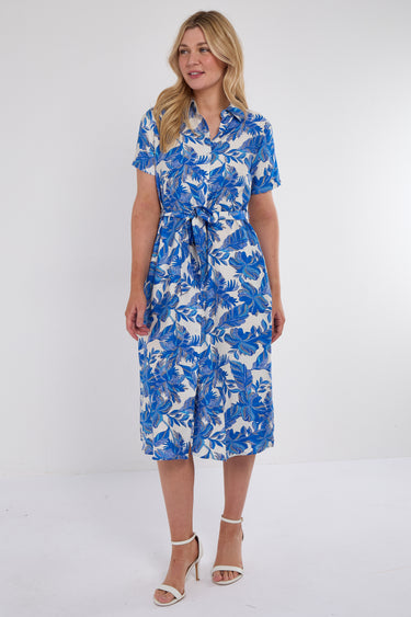 Cobalt Floral Print Short Sleeve Midi Shirt Dress
