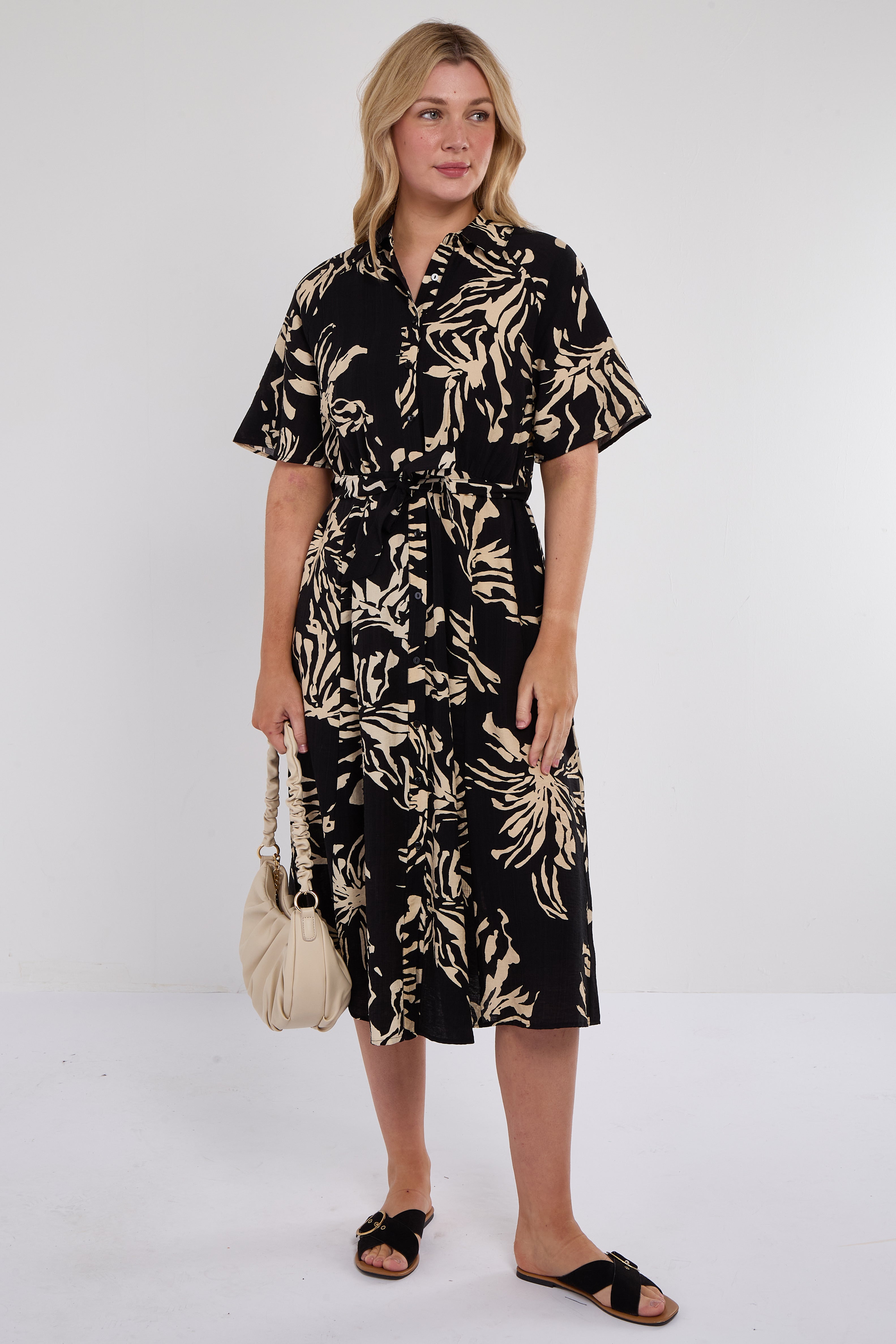 Black Abstract Floral Print Short Sleeve Midi Dress