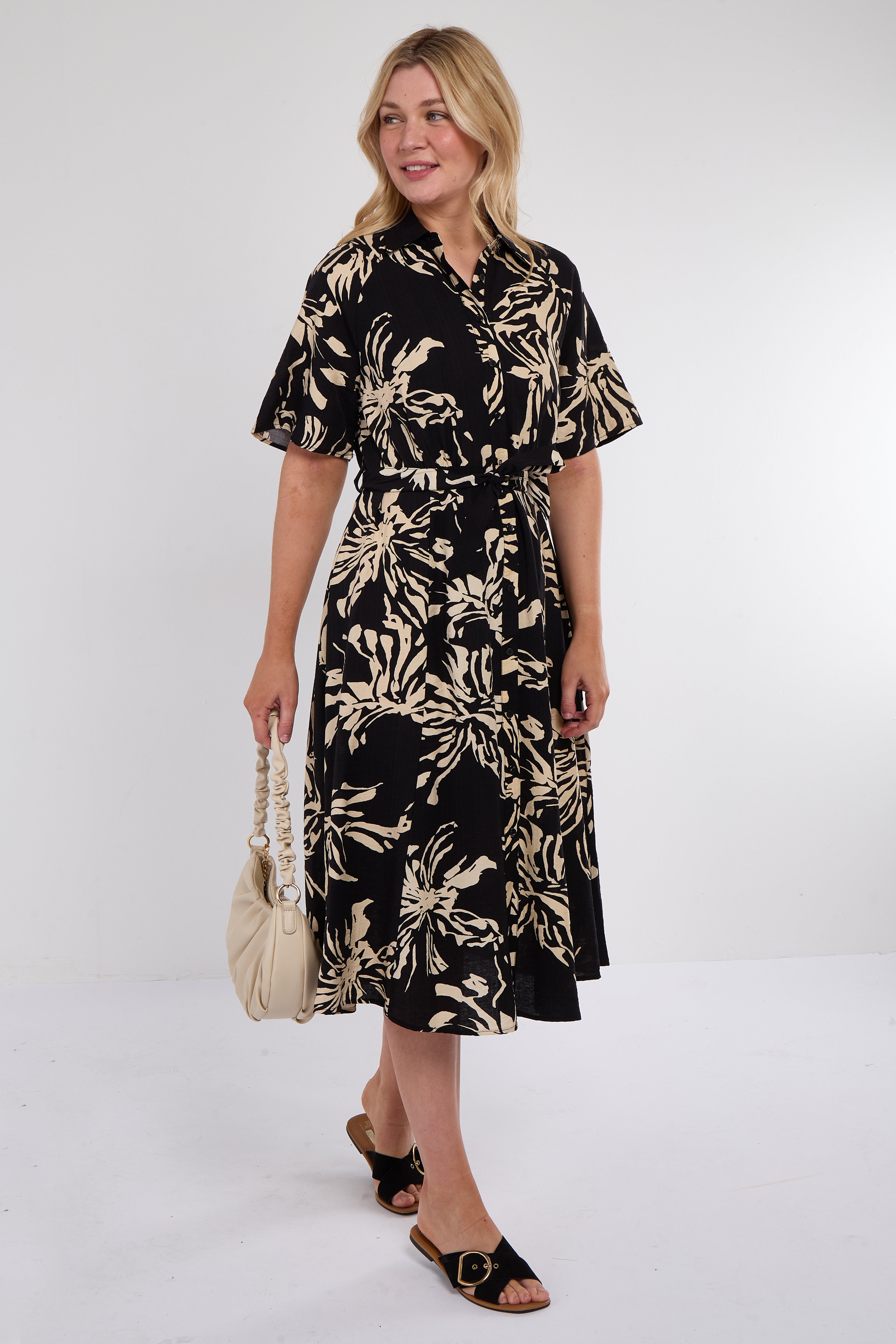 Black Abstract Floral Print Short Sleeve Midi Dress