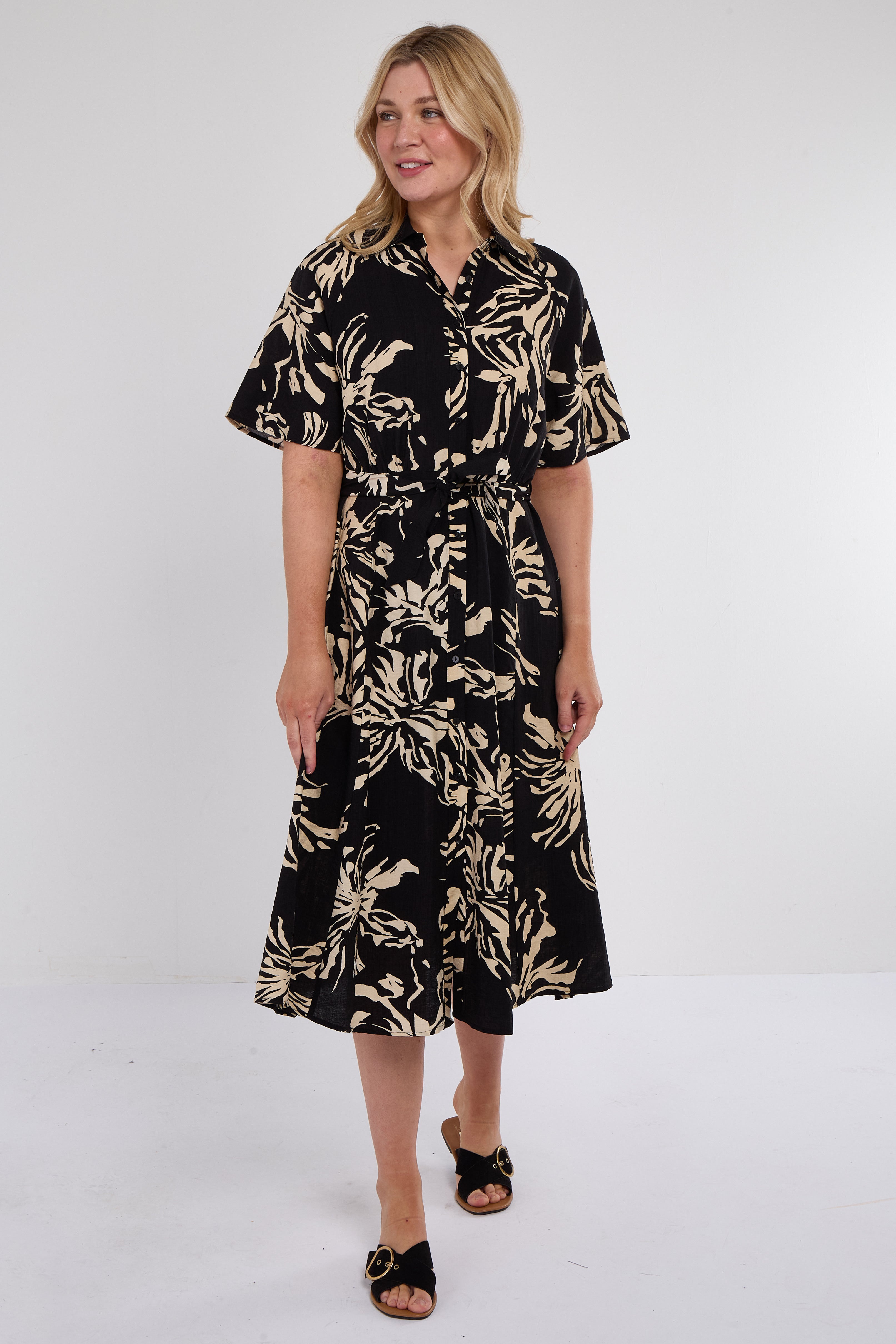 Black Abstract Floral Print Short Sleeve Midi Dress