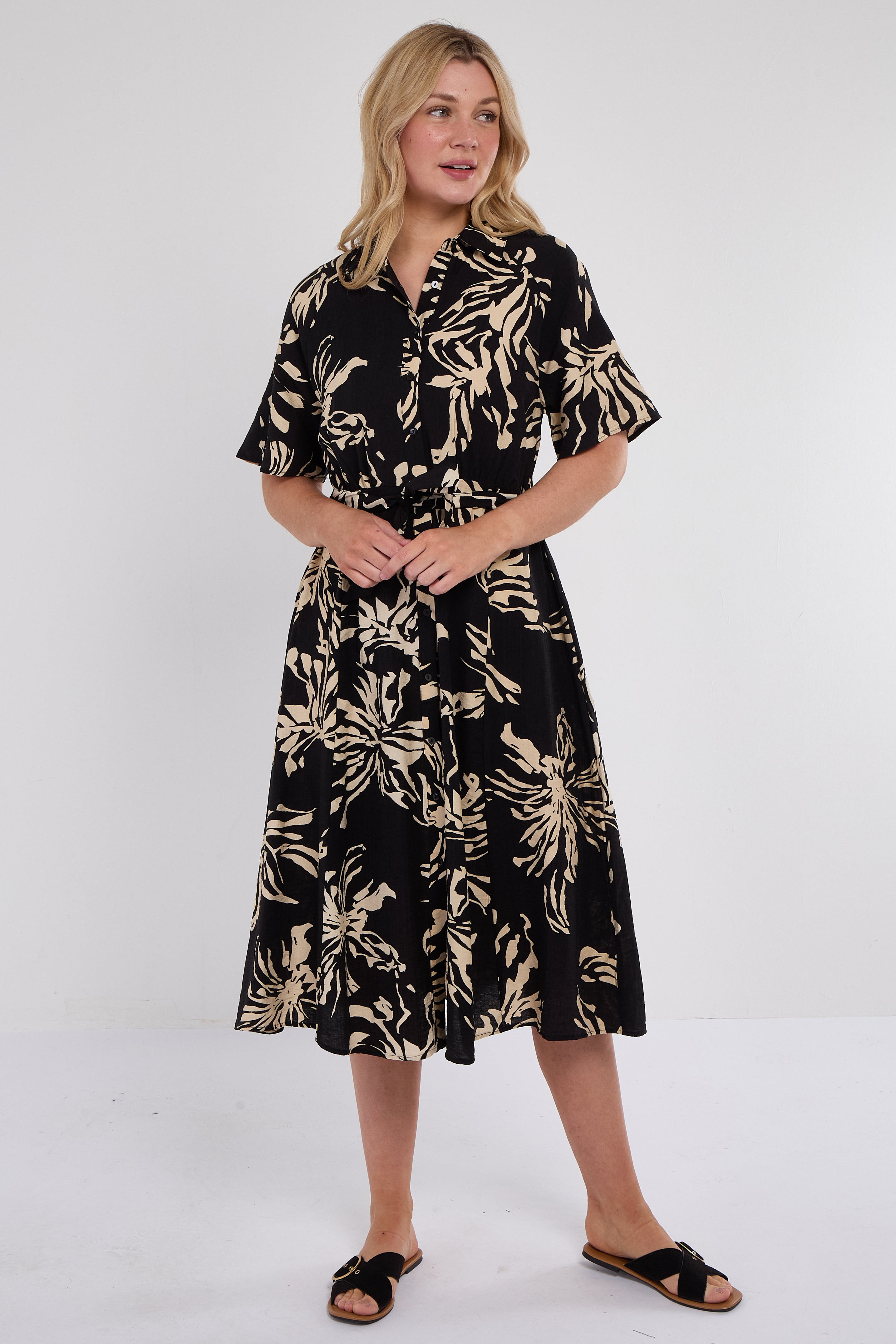 Black Abstract Floral Print Short Sleeve Midi Dress