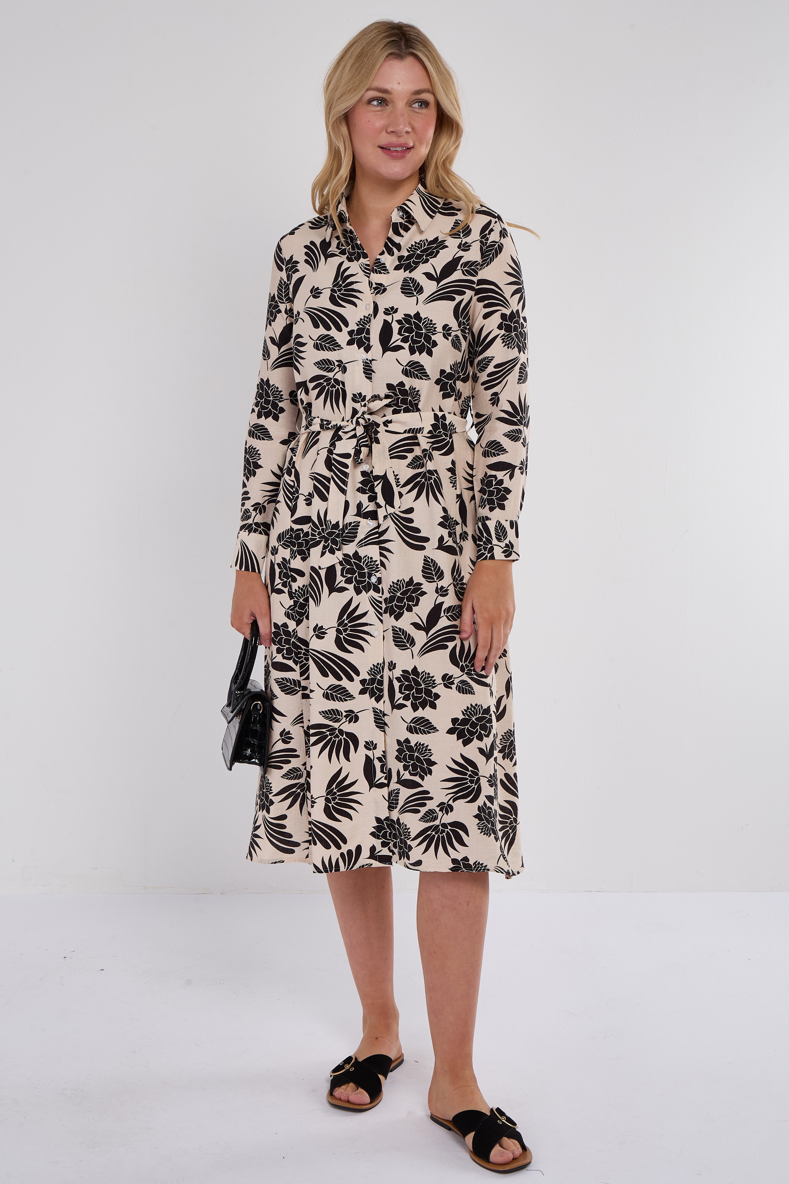 Black Botanical Print Midi Shirt Dress