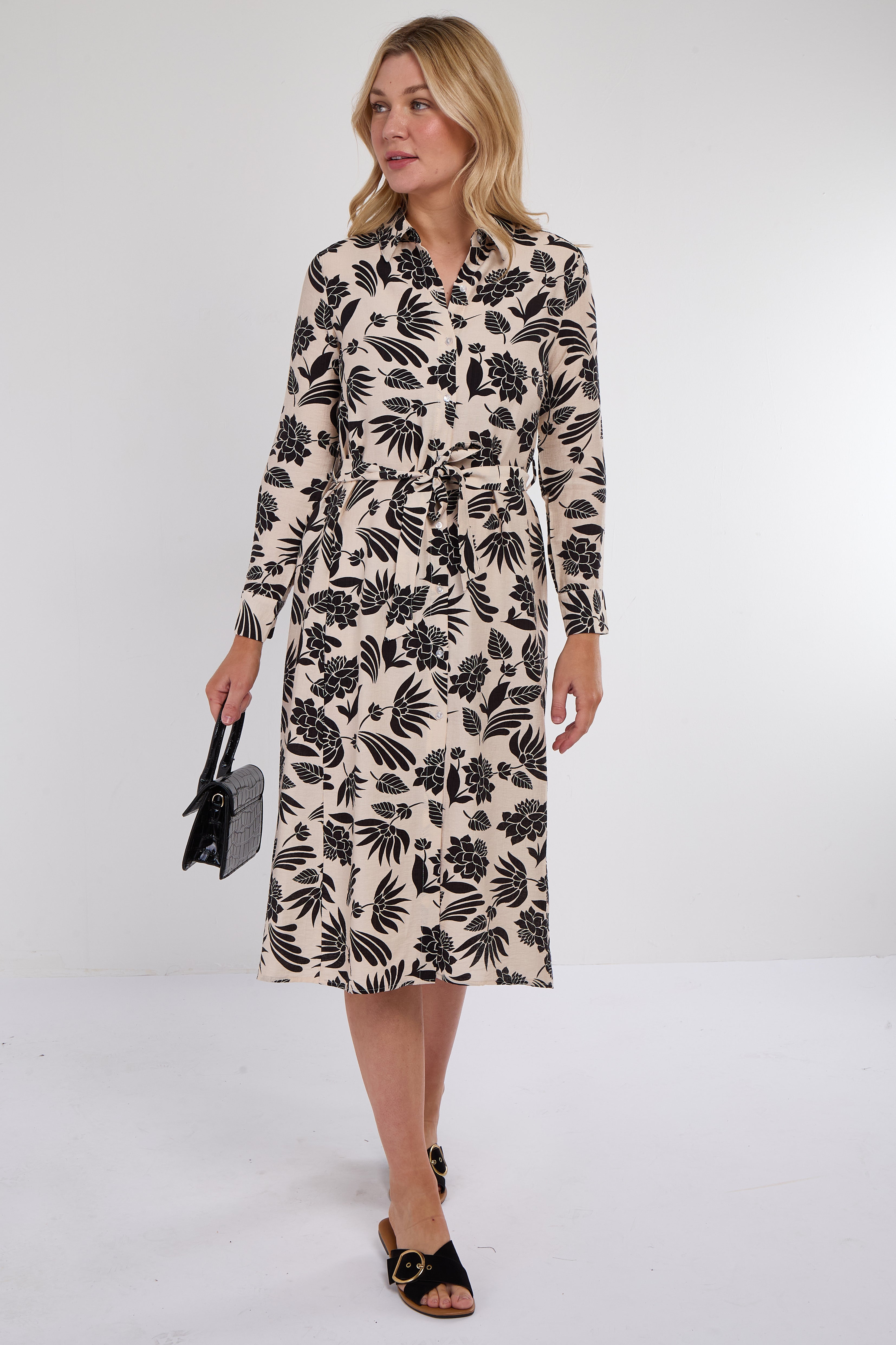 Black Botanical Print Midi Shirt Dress