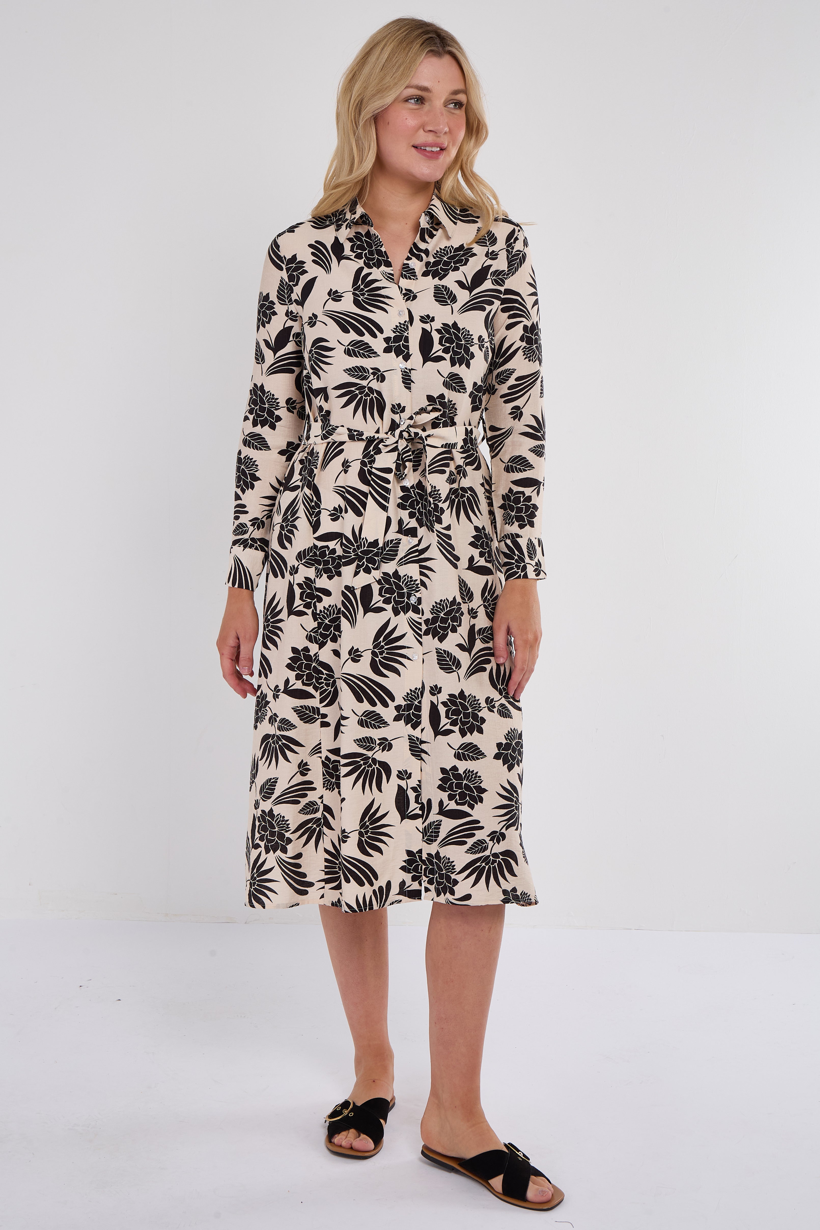 Black Botanical Print Midi Shirt Dress