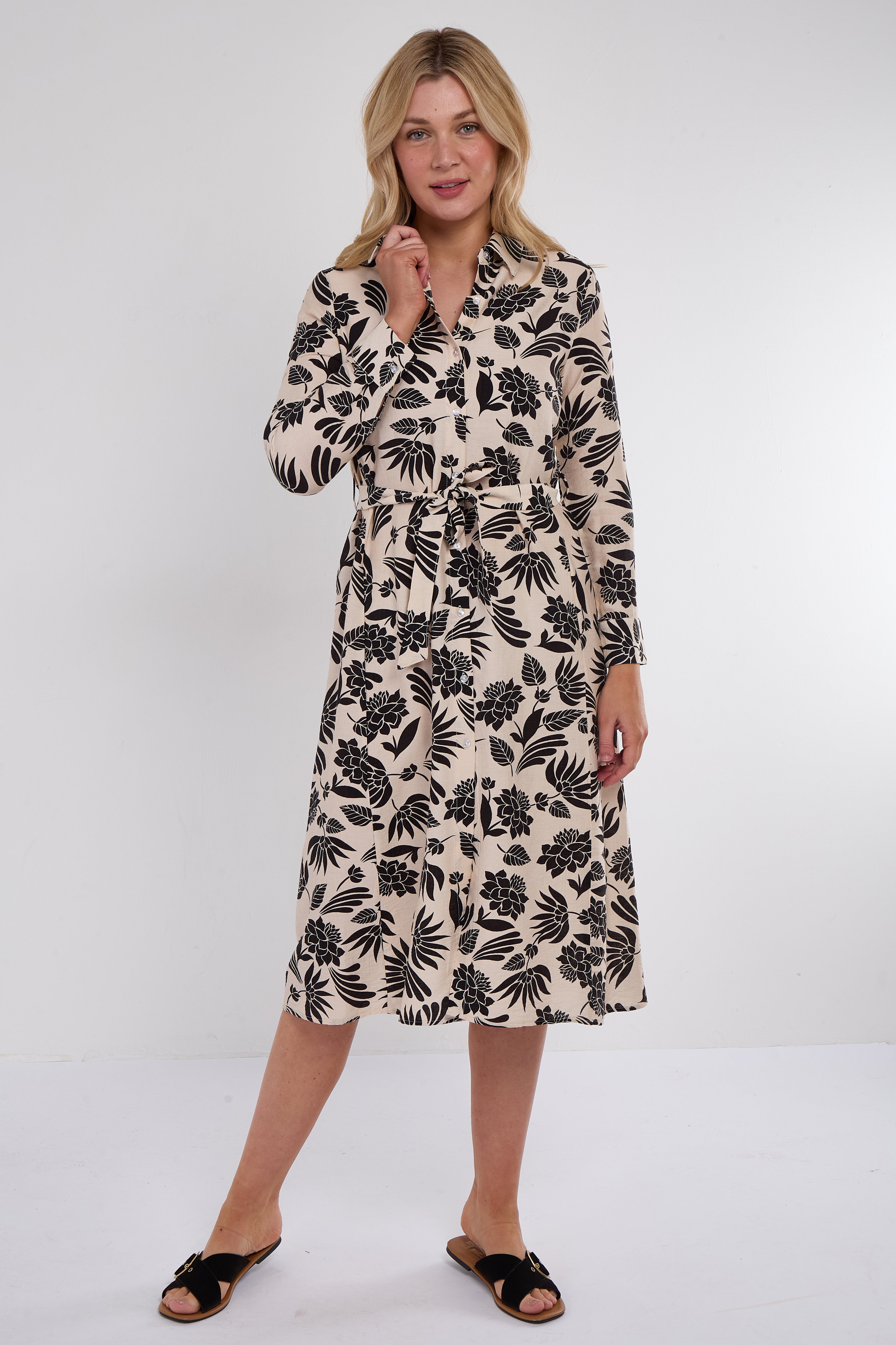 Black Botanical Print Midi Shirt Dress